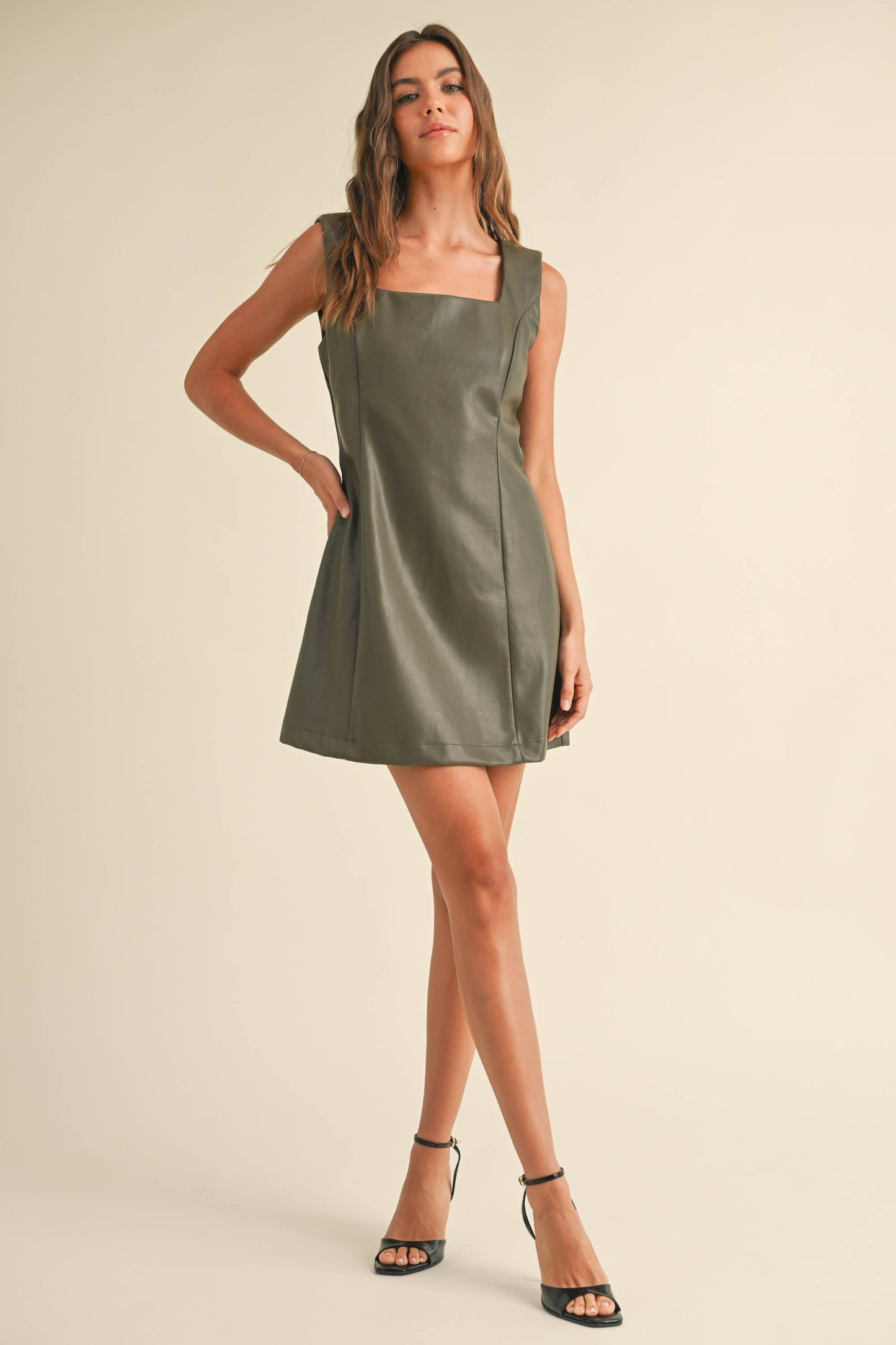 Miou Muse Olive Square Neck Leather Dress