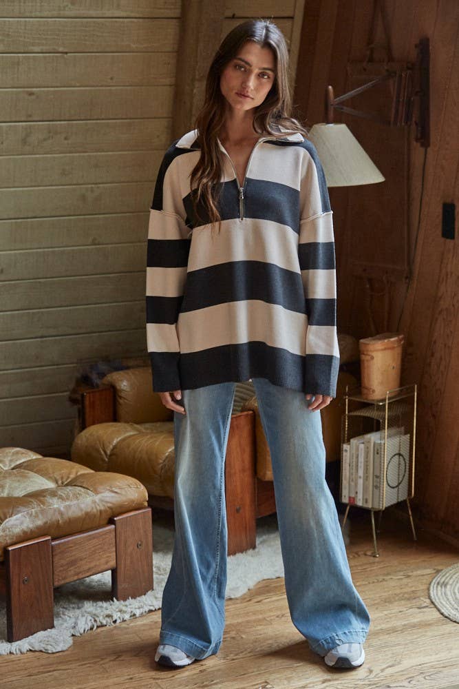 By Tog Knit Sand Striped Turtleneck Half Zip Up Top
