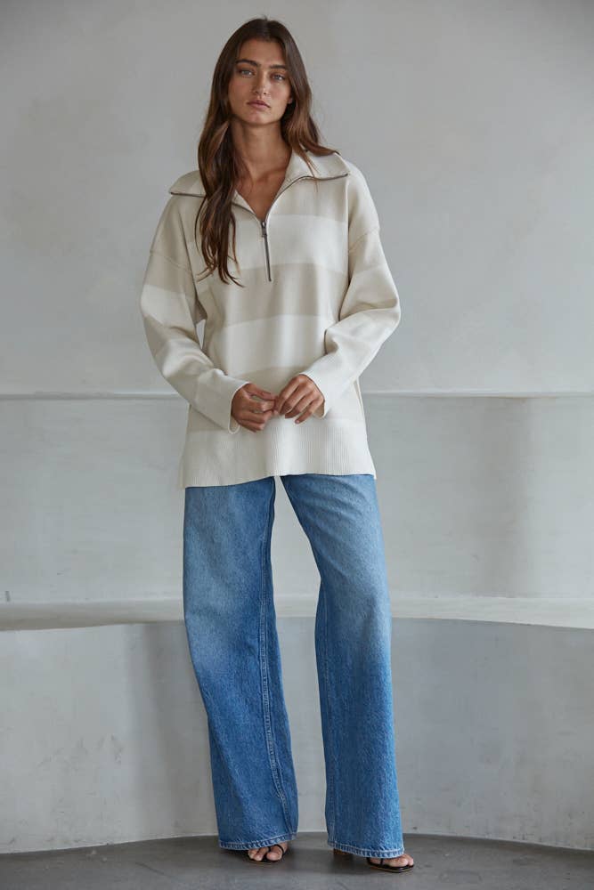 By Tog Knit Sand Striped Turtleneck Half Zip Up Top