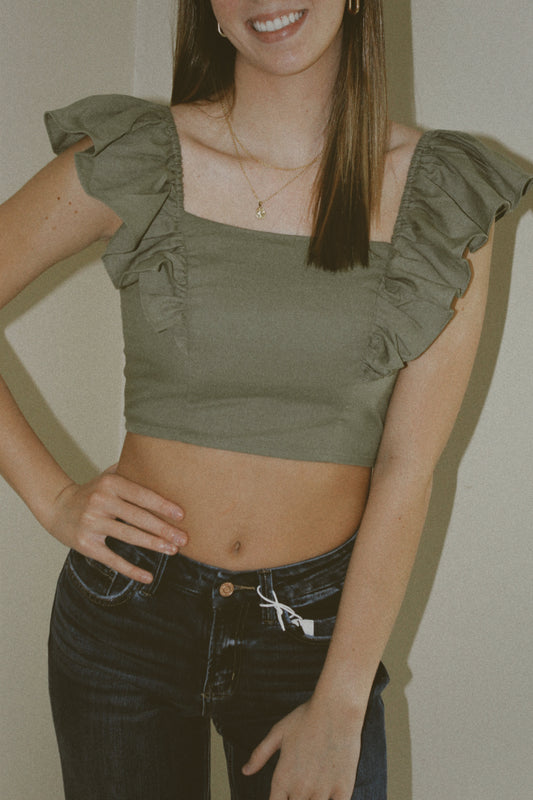 Mustard Seed Olive Ruffle Cropped Sleeveless Shirt