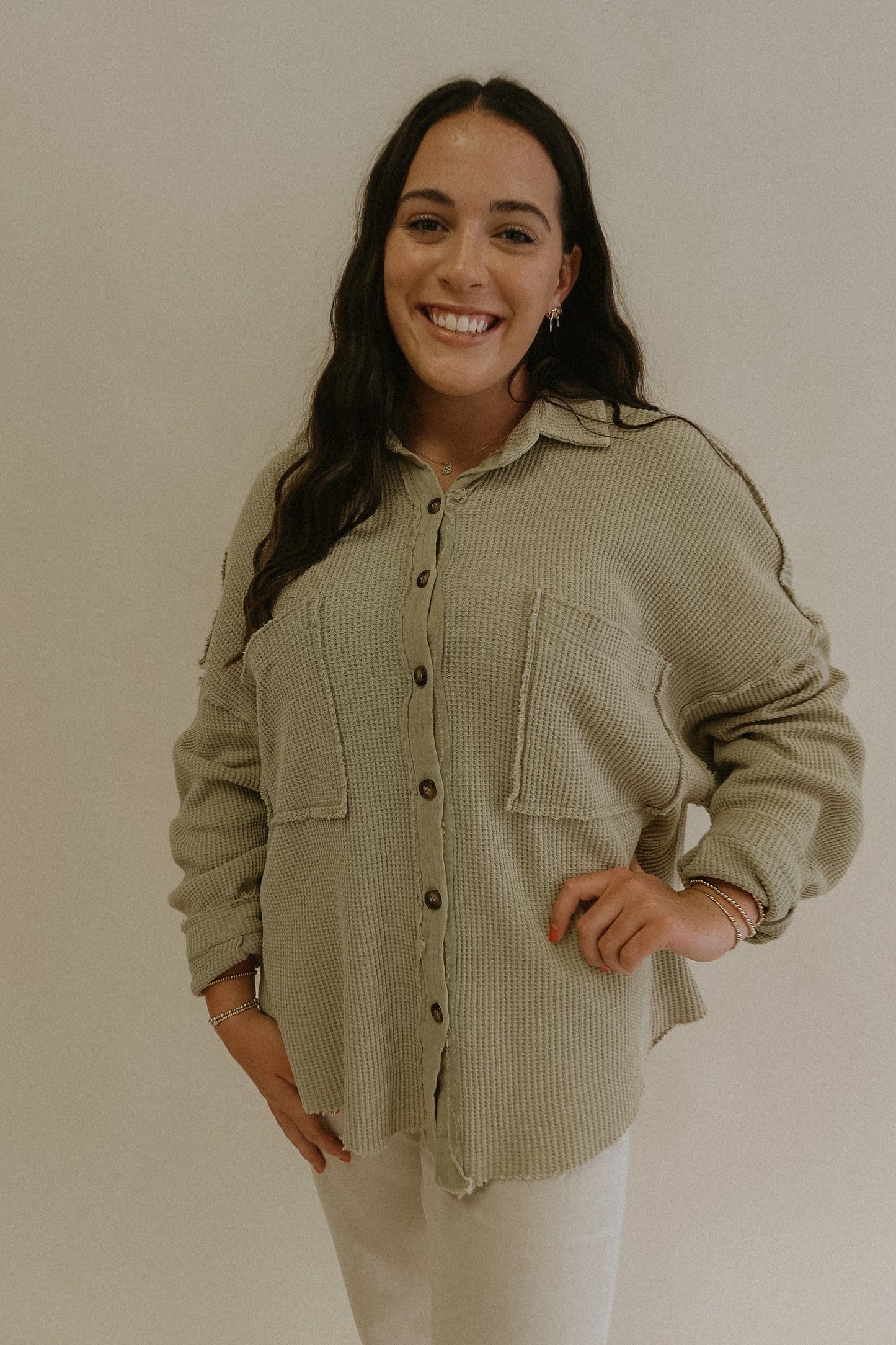 POL Pistachio Oversized Button Front Long Sleeve Thermal