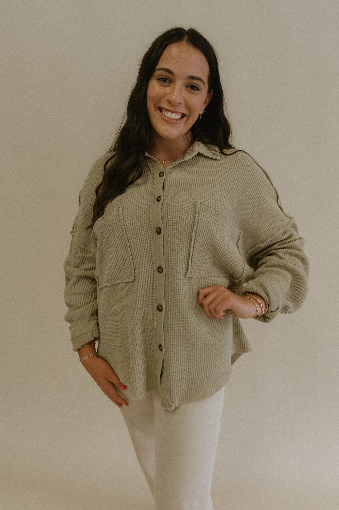 POL Pistachio Oversized Button Front Long Sleeve Thermal