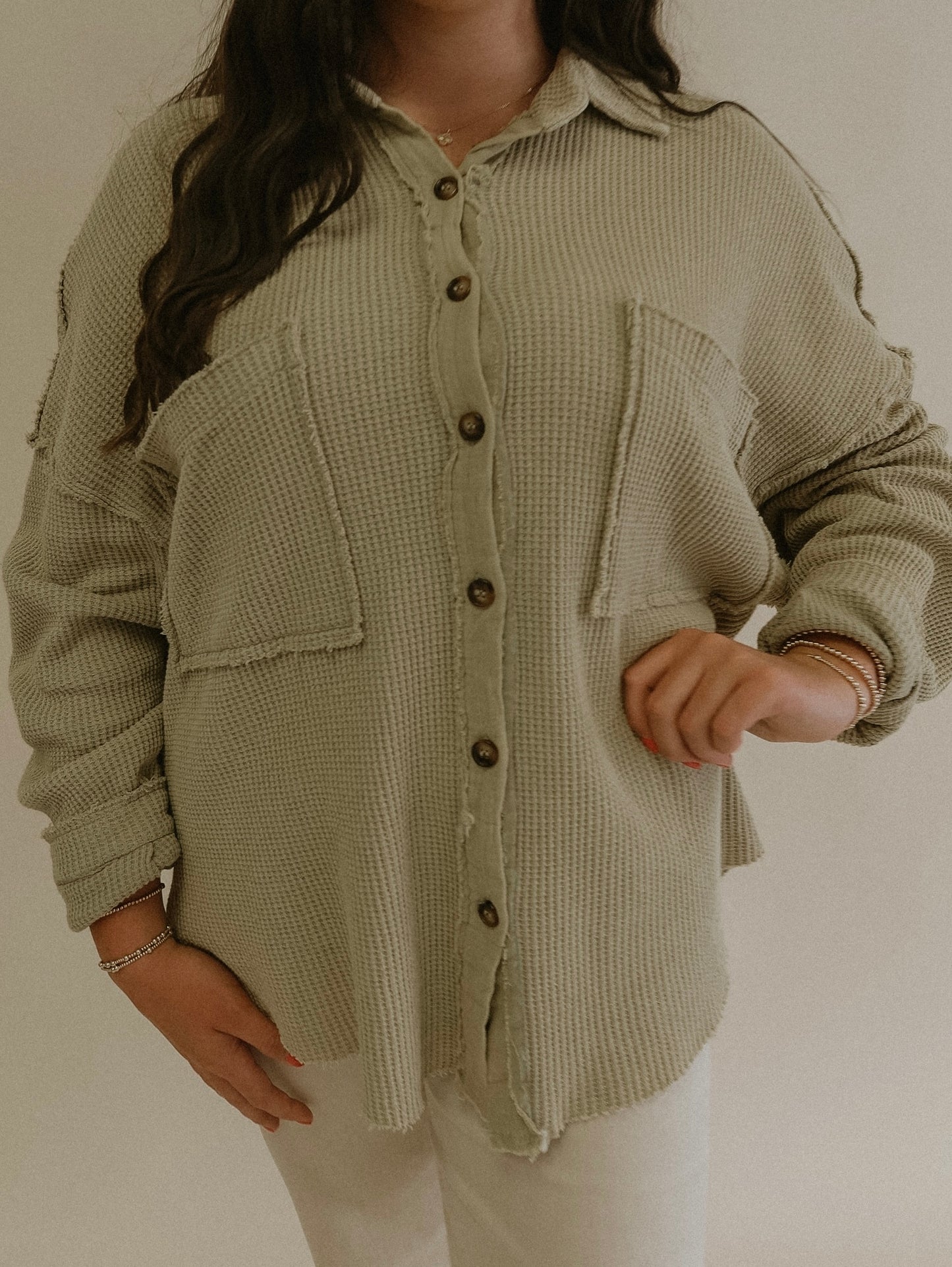 POL Pistachio Oversized Button Front Long Sleeve Thermal