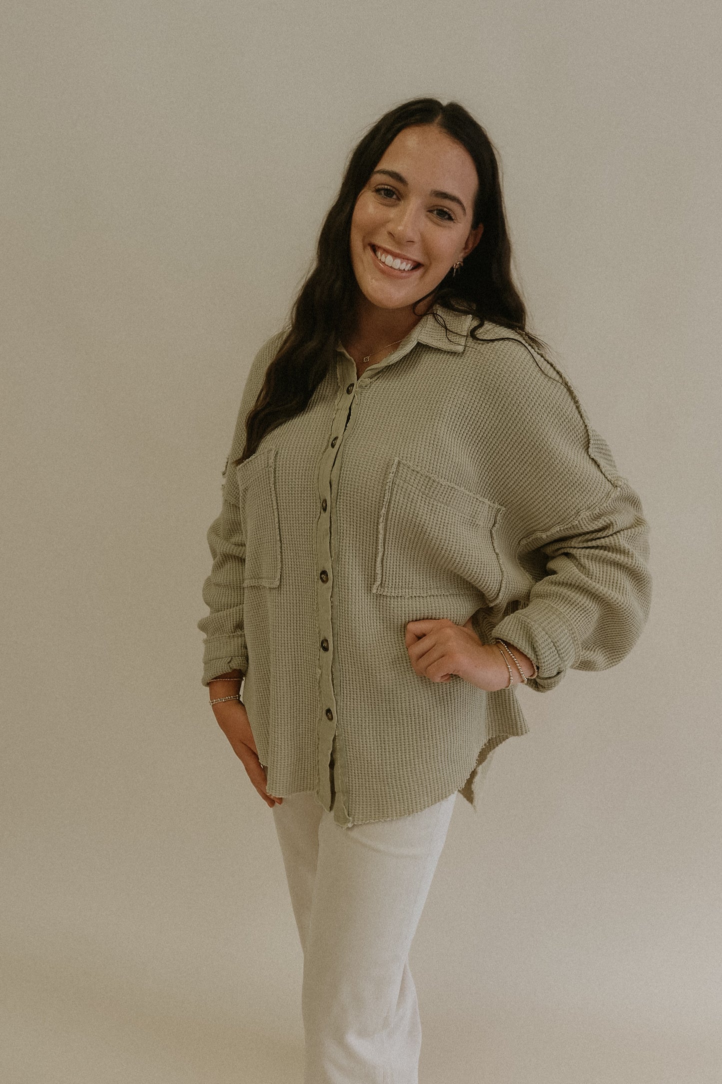 POL Pistachio Oversized Button Front Long Sleeve Thermal