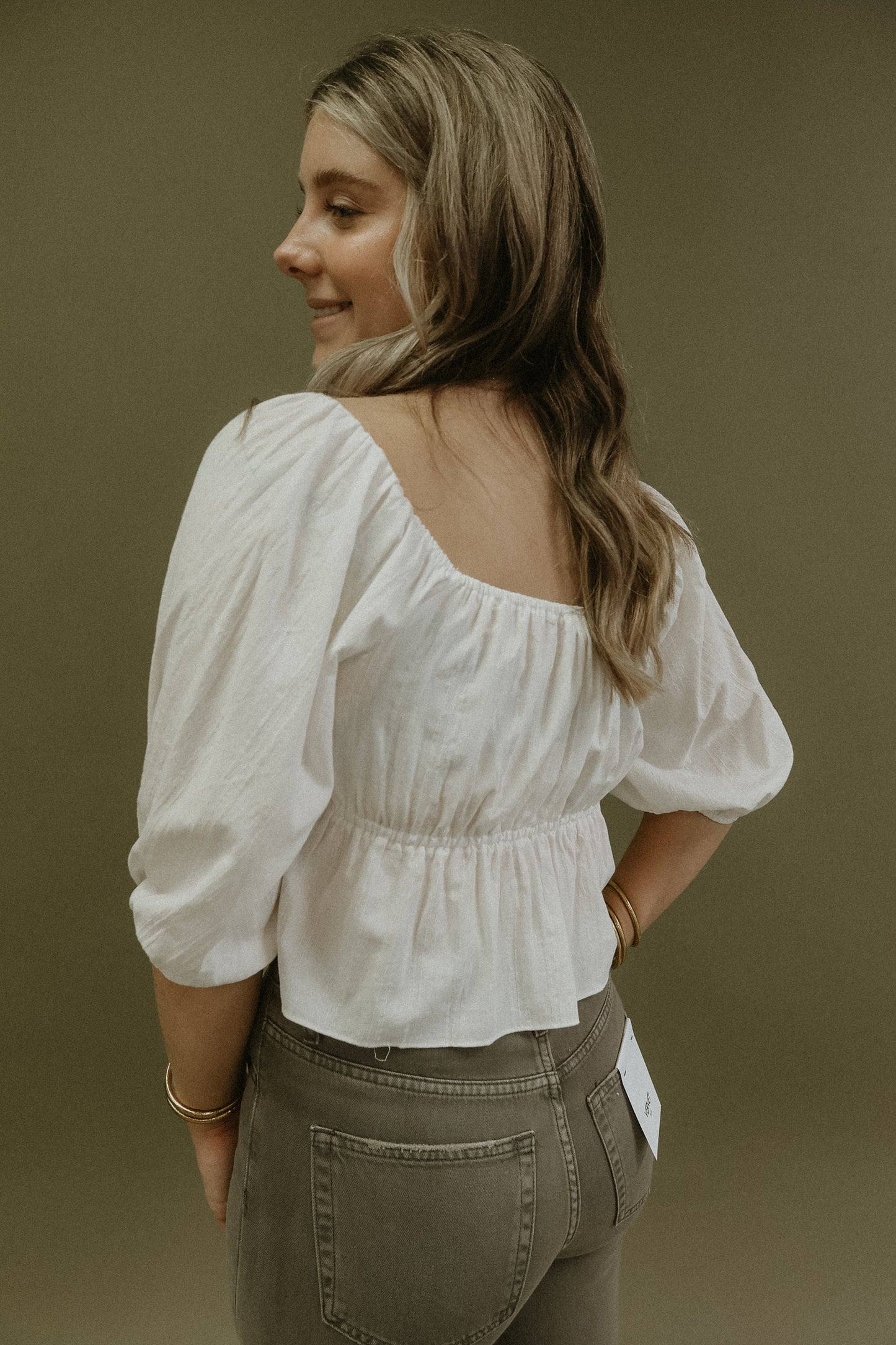 Mustard Seed White Front Knot/Bow Short Sleeve Babydoll Top