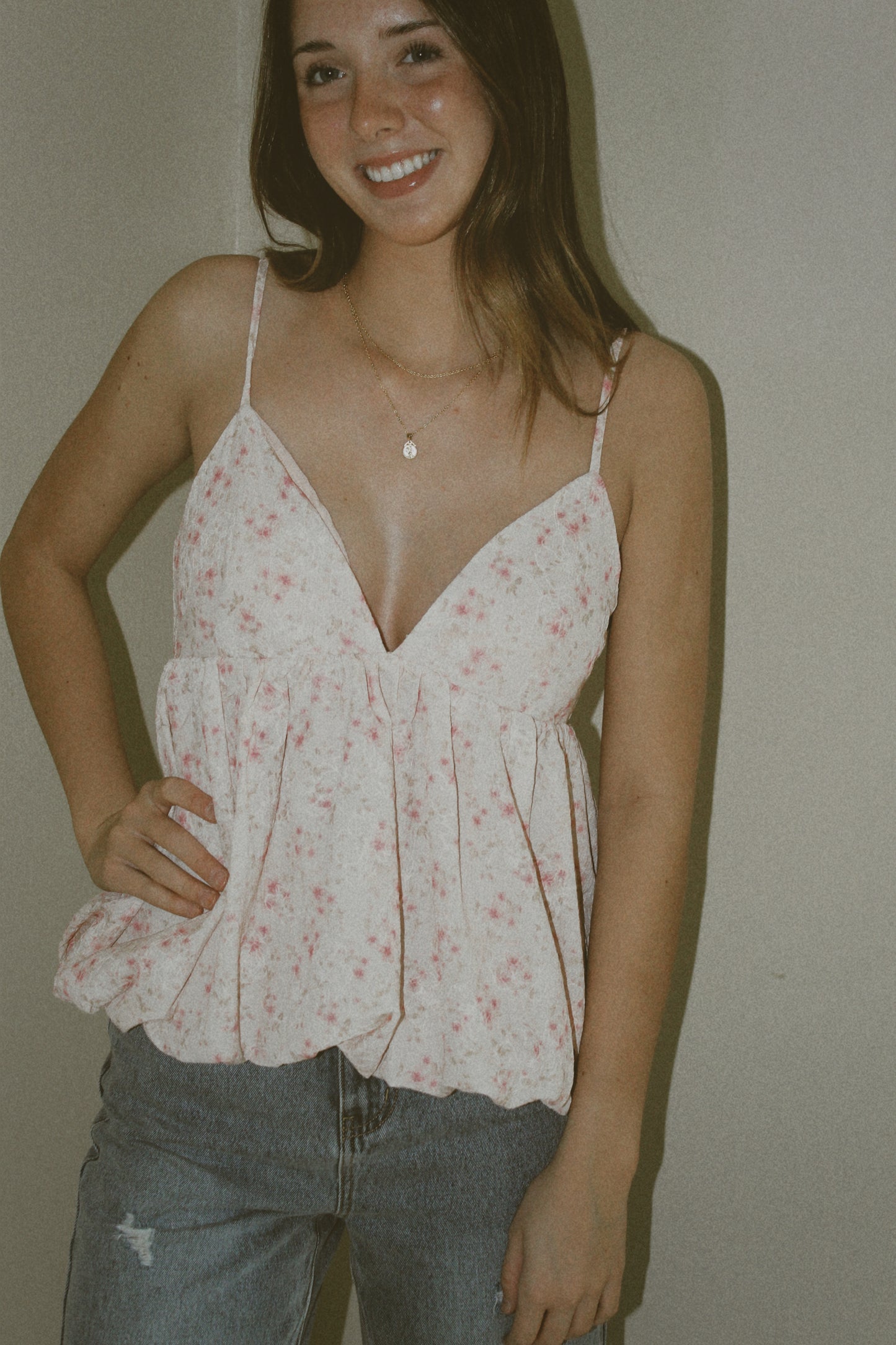 Storia Blush Pink w Floral Detail Top with Deep V and Adjustable Straps
