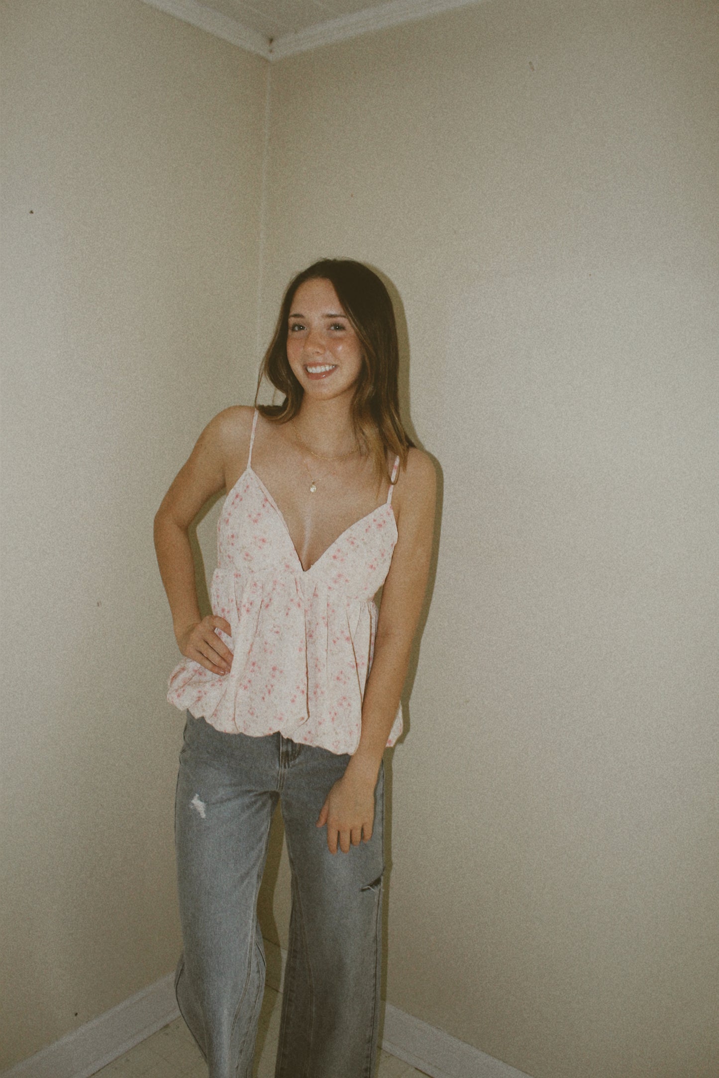 Storia Blush Pink w Floral Detail Top with Deep V and Adjustable Straps