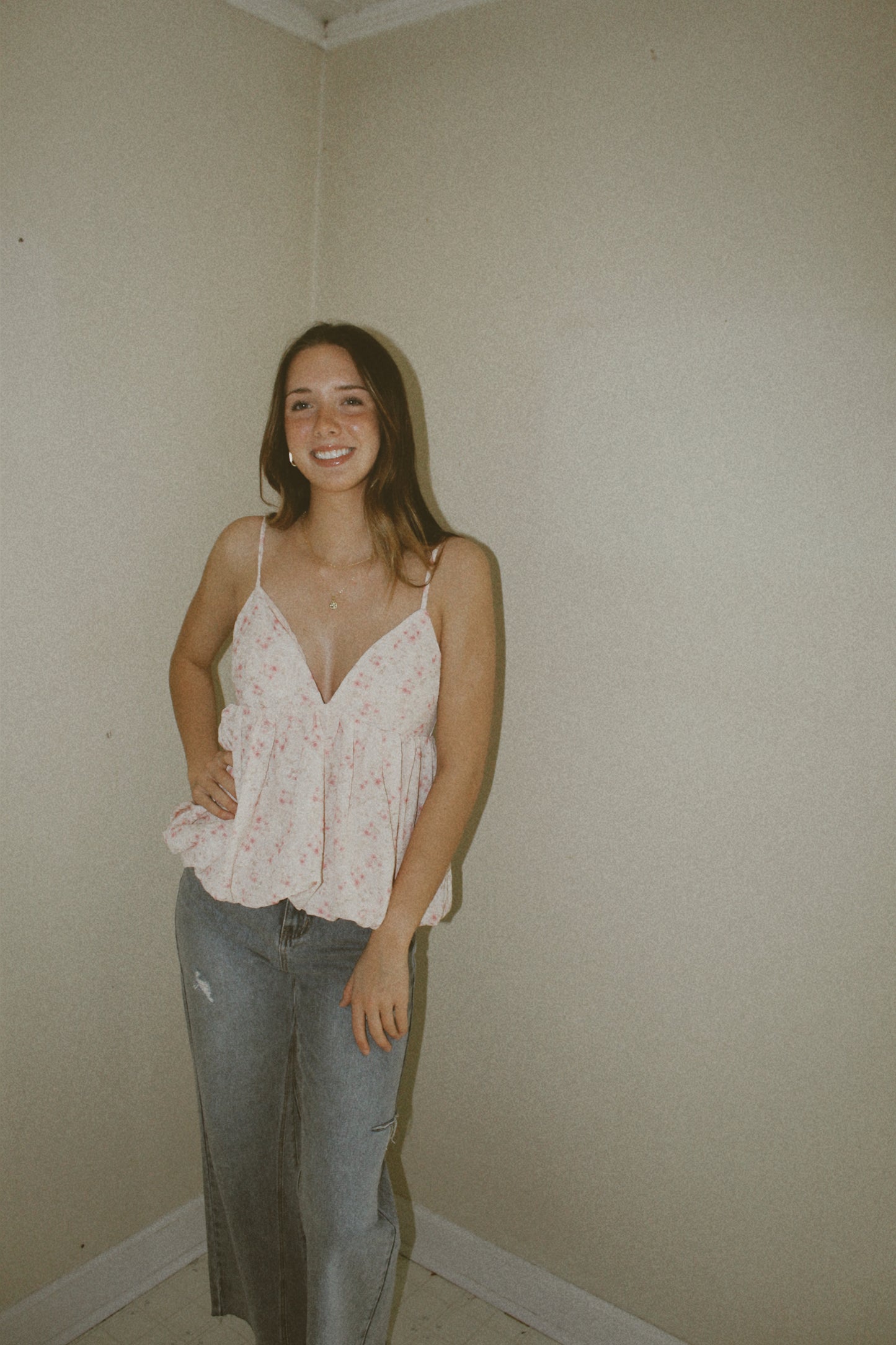 Storia Blush Pink w Floral Detail Top with Deep V and Adjustable Straps