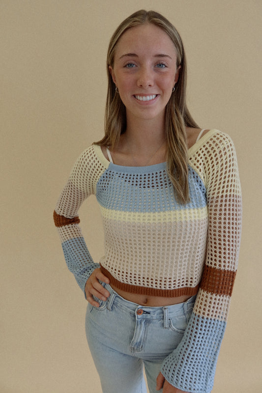Mustard Seed Yellow, Blue, Cream, & Brown Colorblock Open Hole LS Crop Sweater