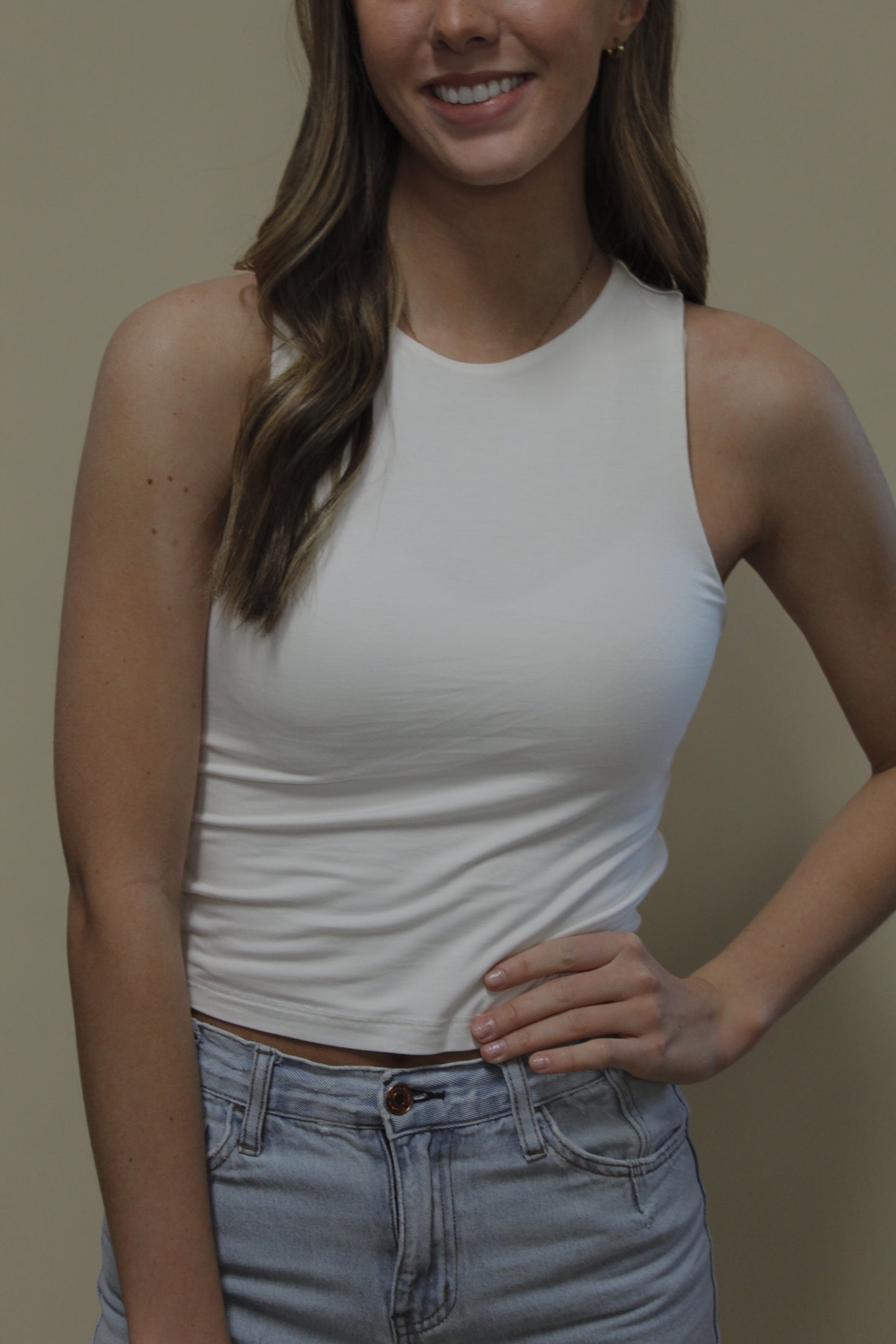 Miou Muse White Double Lined/Layer Racerback Tank Top