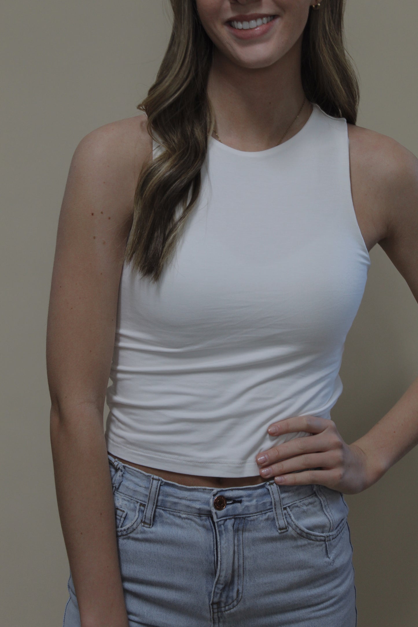 Miou Muse White Double Lined/Layer Racerback Tank Top