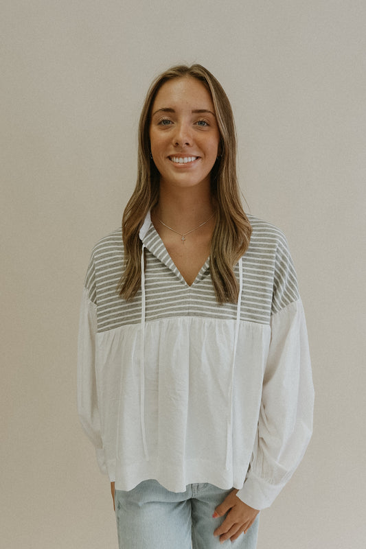 Mustard Seed Grey/White Stripe LS Shirt w V Neck & Strings