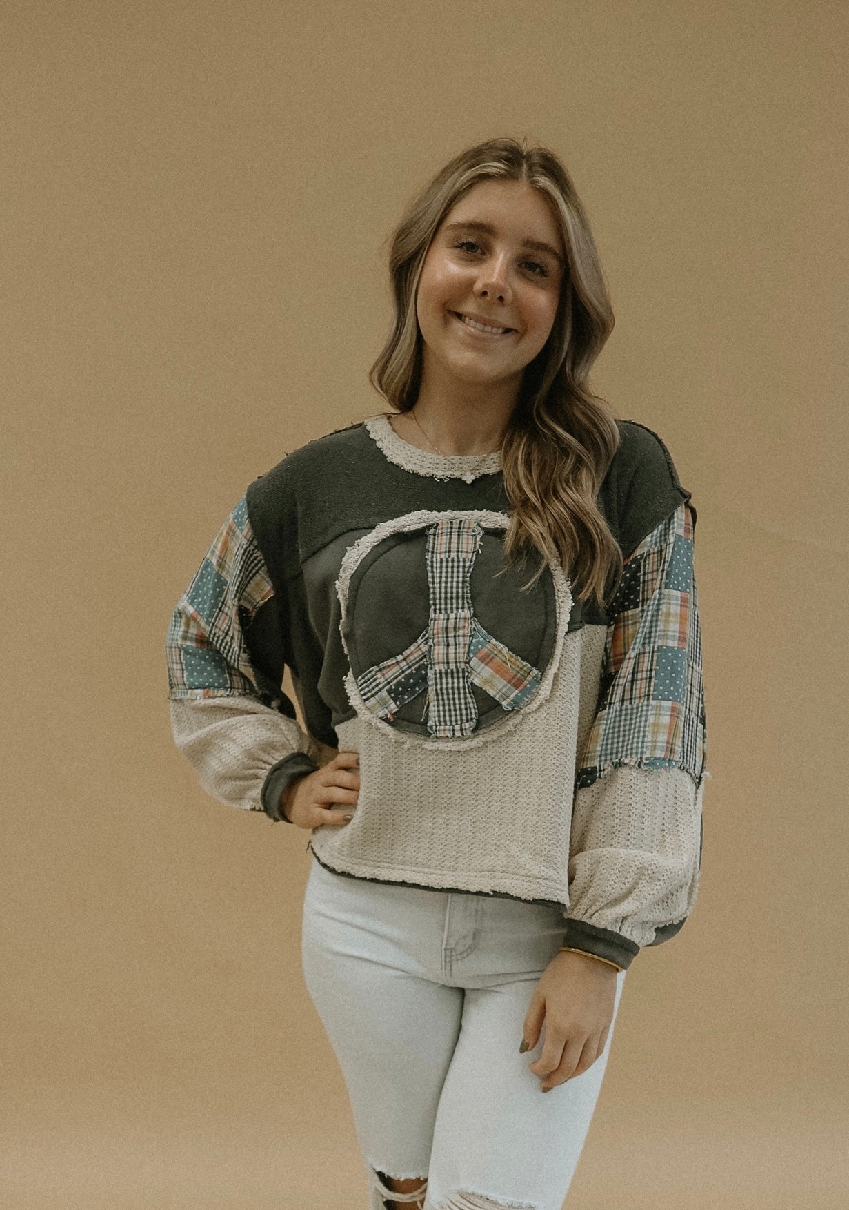 POL Vintage Moss Long Sleeve Peace Patchwork Top With Balloon Sleeves