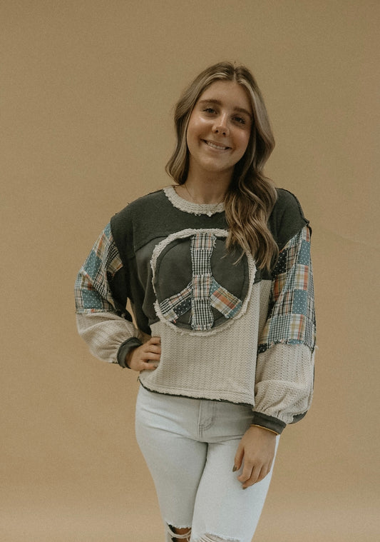 POL Vintage Moss Long Sleeve Peace Patchwork Top With Balloon Sleeves
