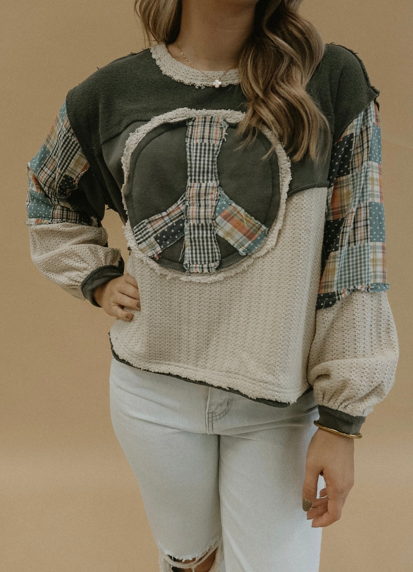 POL Vintage Moss Long Sleeve Peace Patchwork Top With Balloon Sleeves