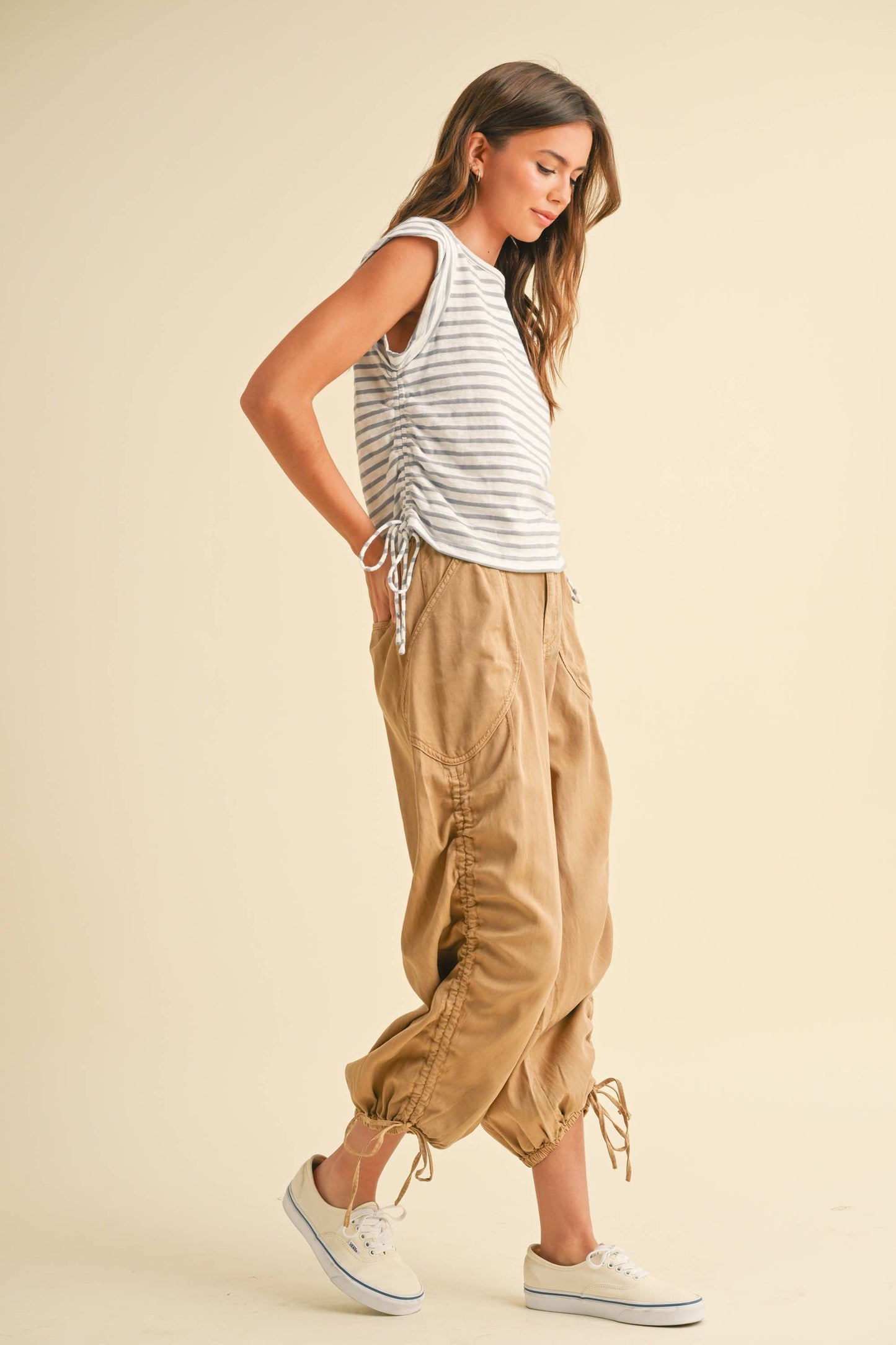 MIOU MUSE TAN STRIPED DRAWSTRING ON SIDE SS TOP
