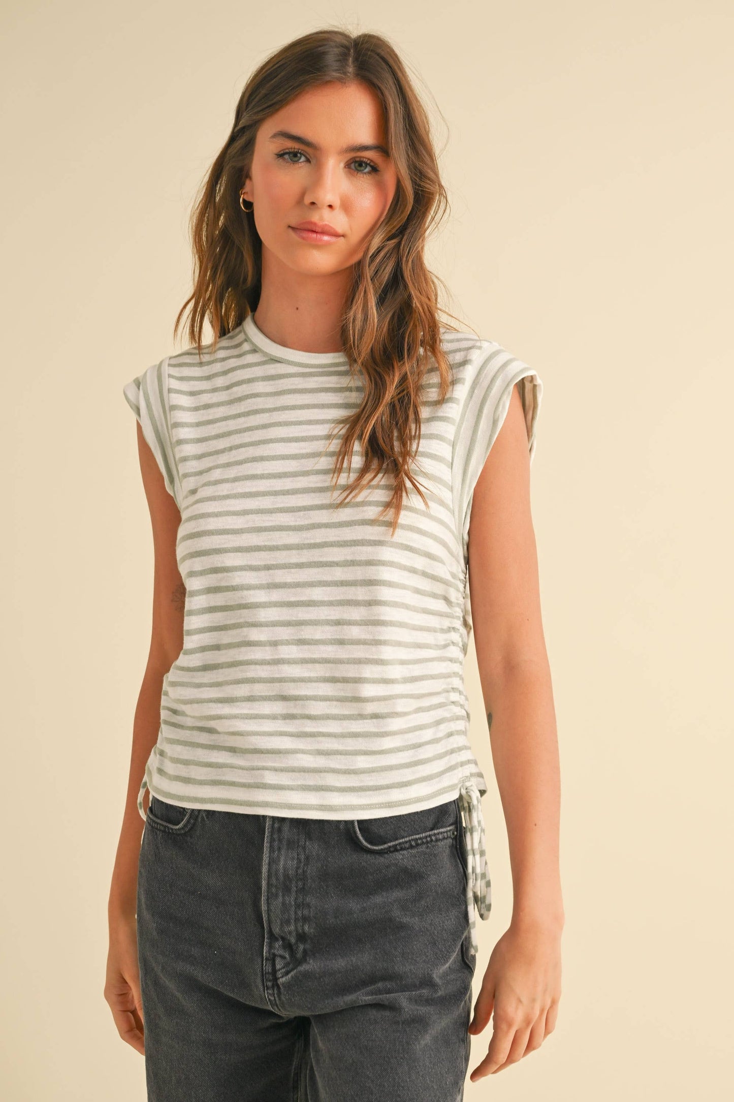MIOU MUSE TAN STRIPED DRAWSTRING ON SIDE SS TOP