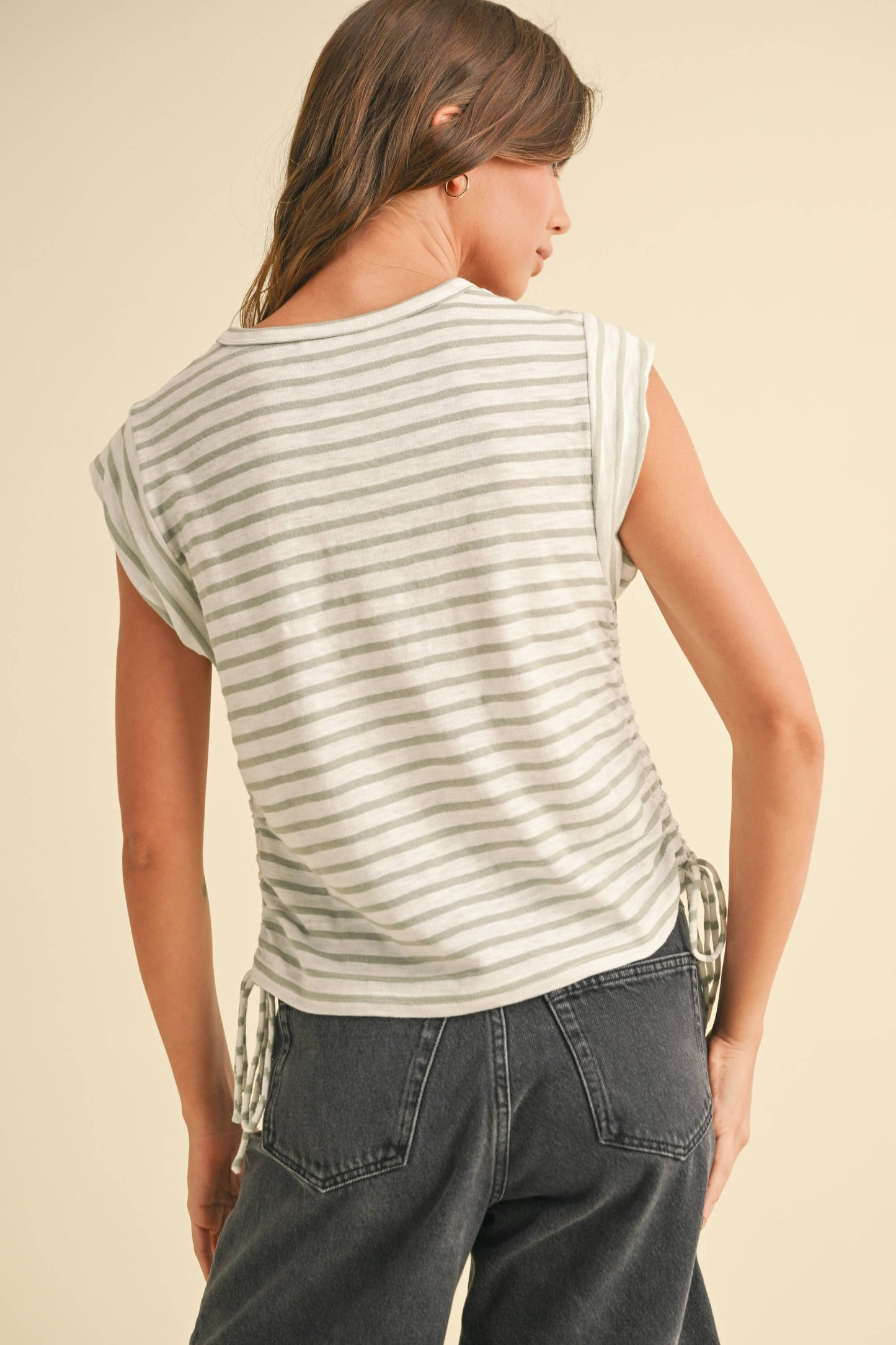 MIOU MUSE TAN STRIPED DRAWSTRING ON SIDE SS TOP