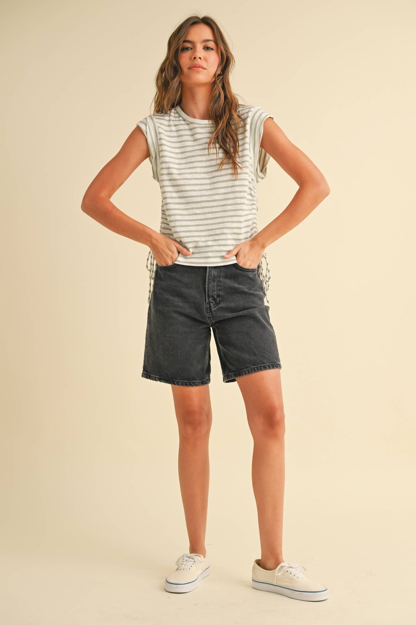 MIOU MUSE TAN STRIPED DRAWSTRING ON SIDE SS TOP
