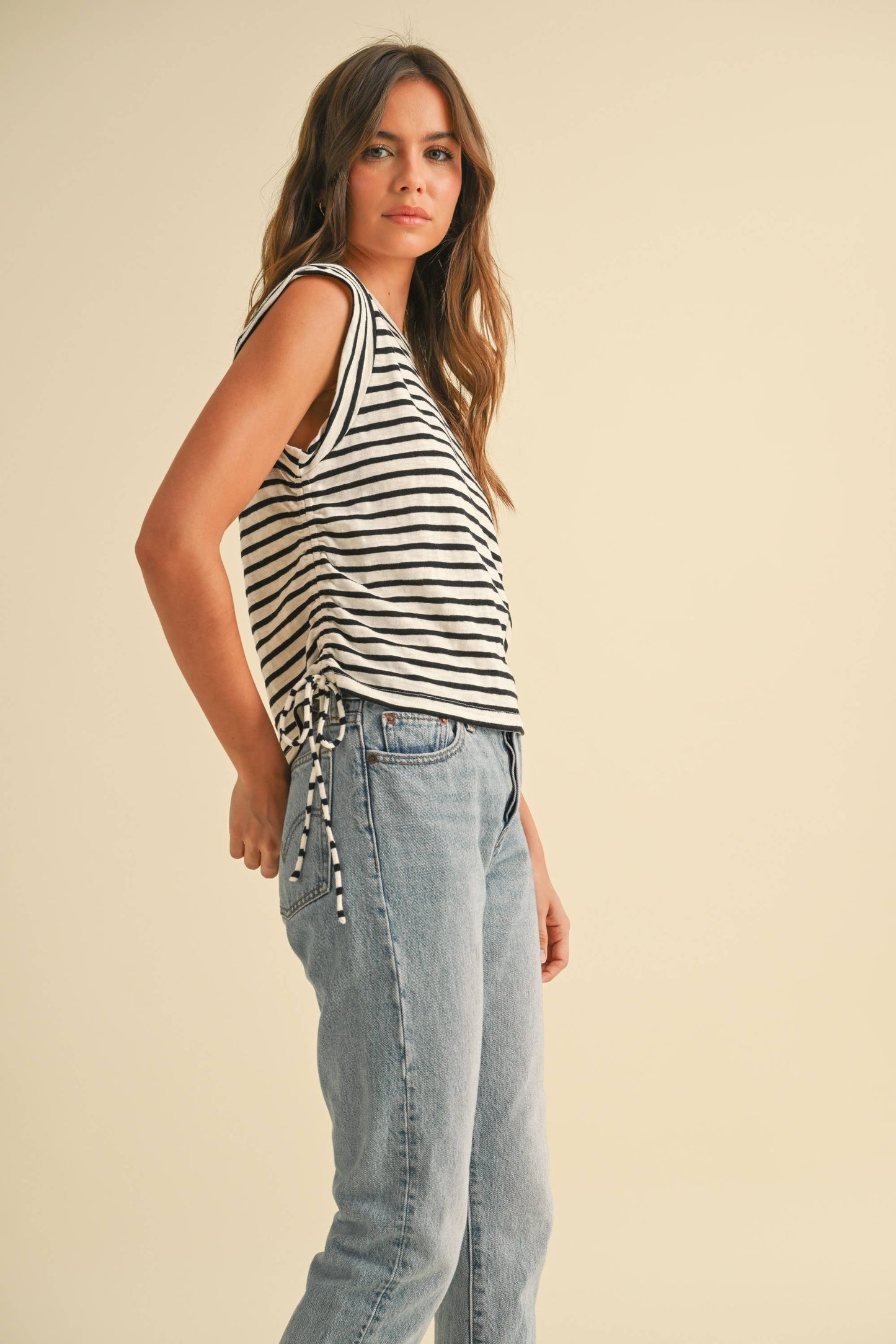 MIOU MUSE TAN STRIPED DRAWSTRING ON SIDE SS TOP