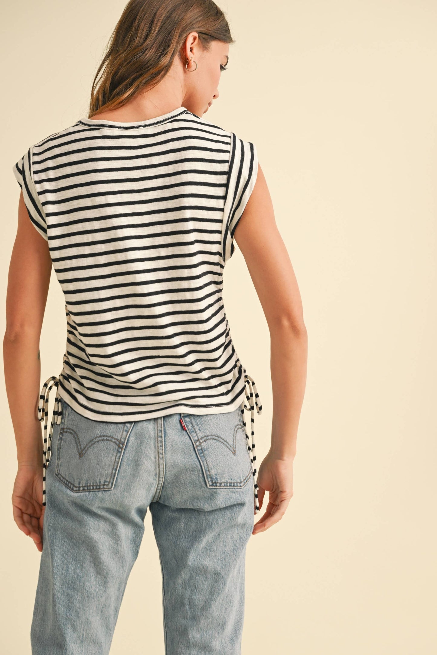 MIOU MUSE TAN STRIPED DRAWSTRING ON SIDE SS TOP