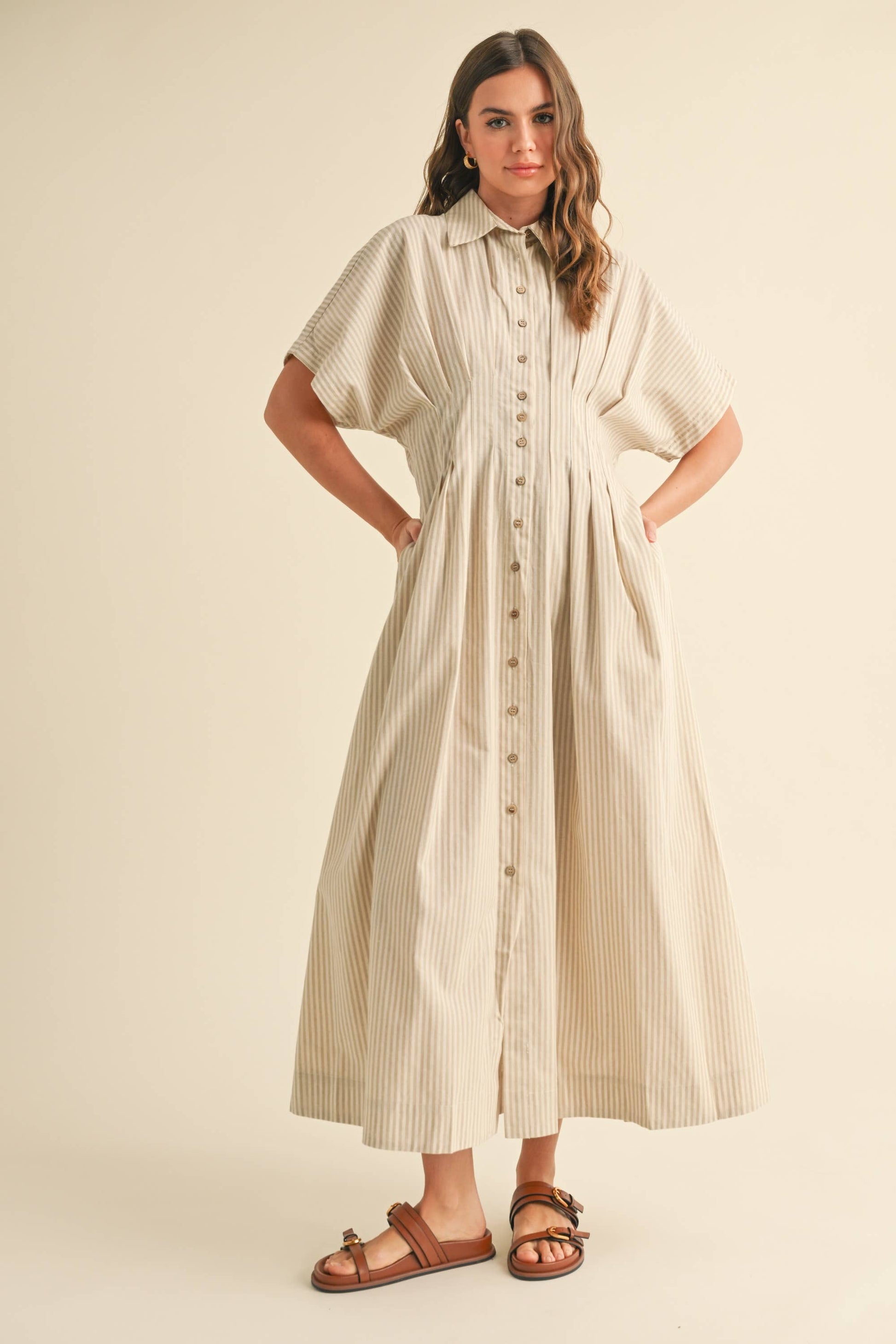 MIOU MUSE Tan Stripe Button Front Dress w Pleats