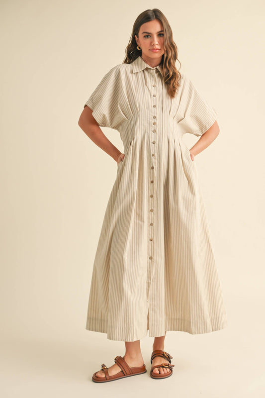MIOU MUSE Tan Stripe Button Front Dress w Pleats