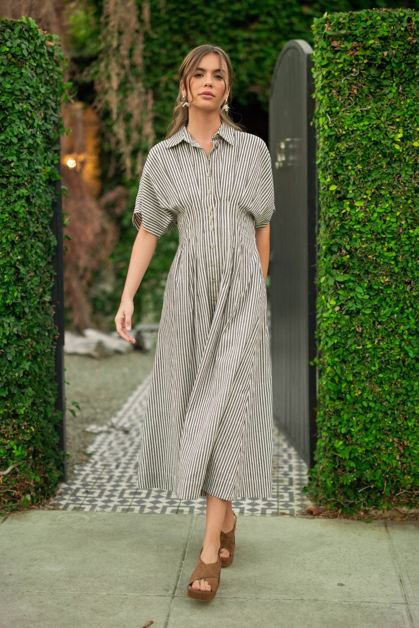 Miou Muse Tan Stripe Button Front Dress w Pleats