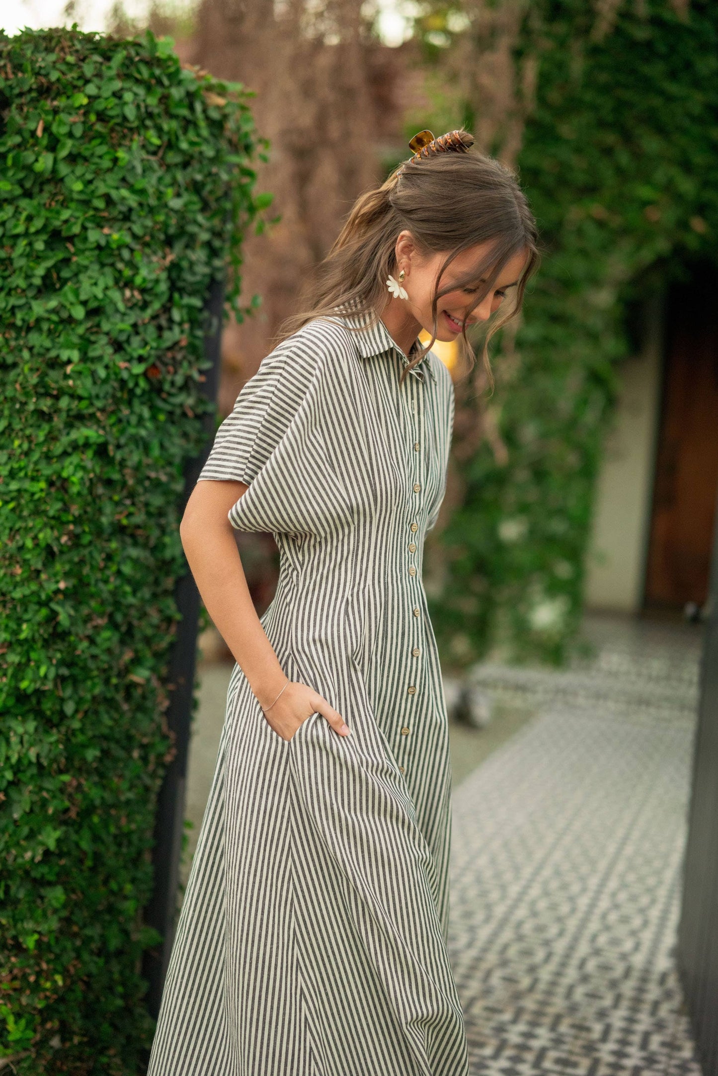 Miou Muse Tan Stripe Button Front Dress w Pleats