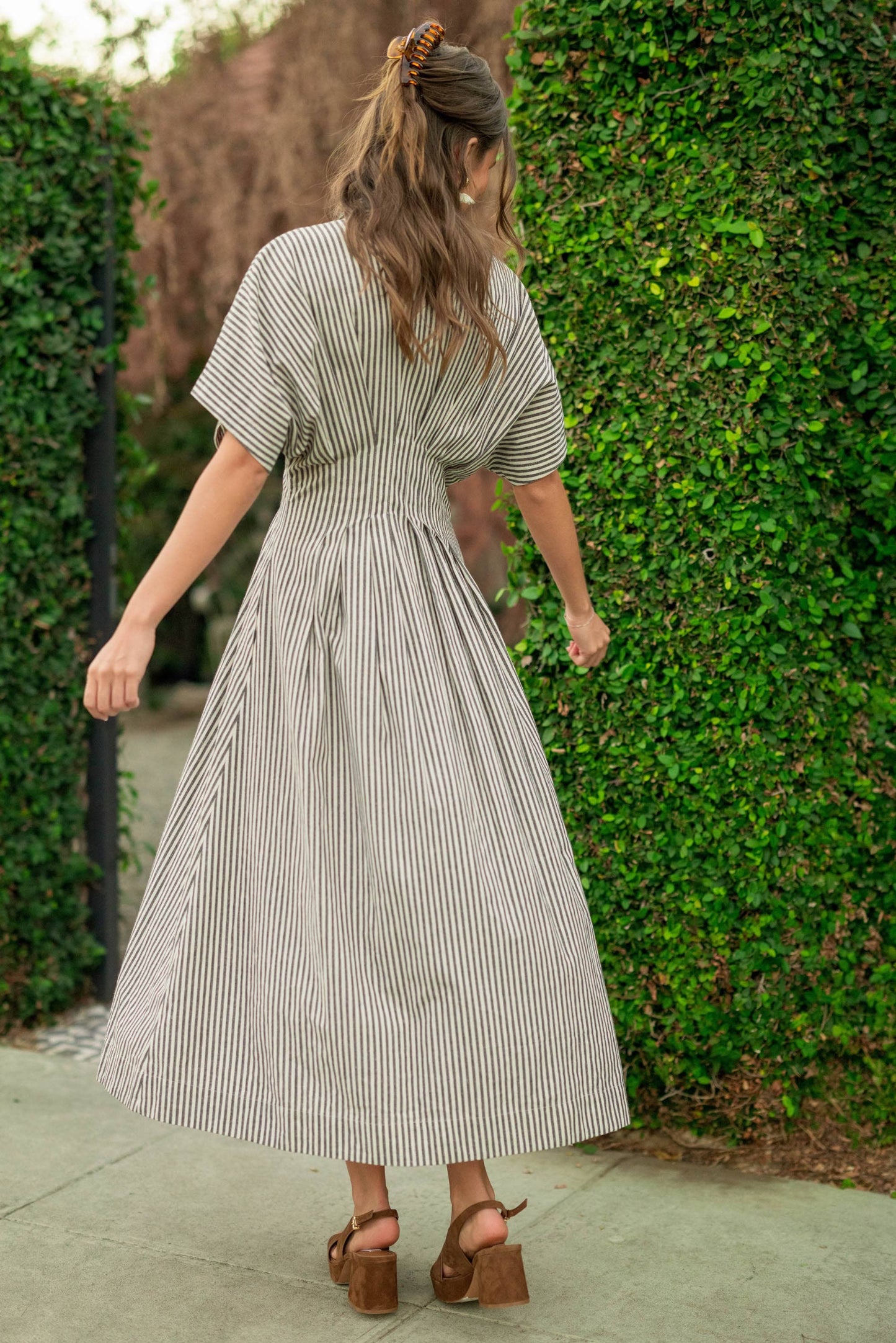 Miou Muse Tan Stripe Button Front Dress w Pleats