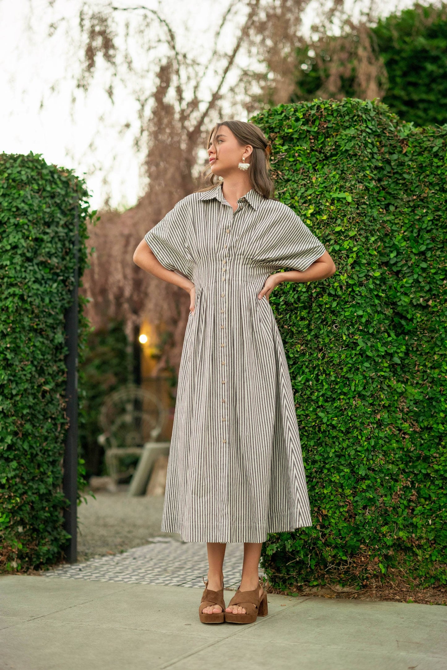 Miou Muse Tan Stripe Button Front Dress w Pleats