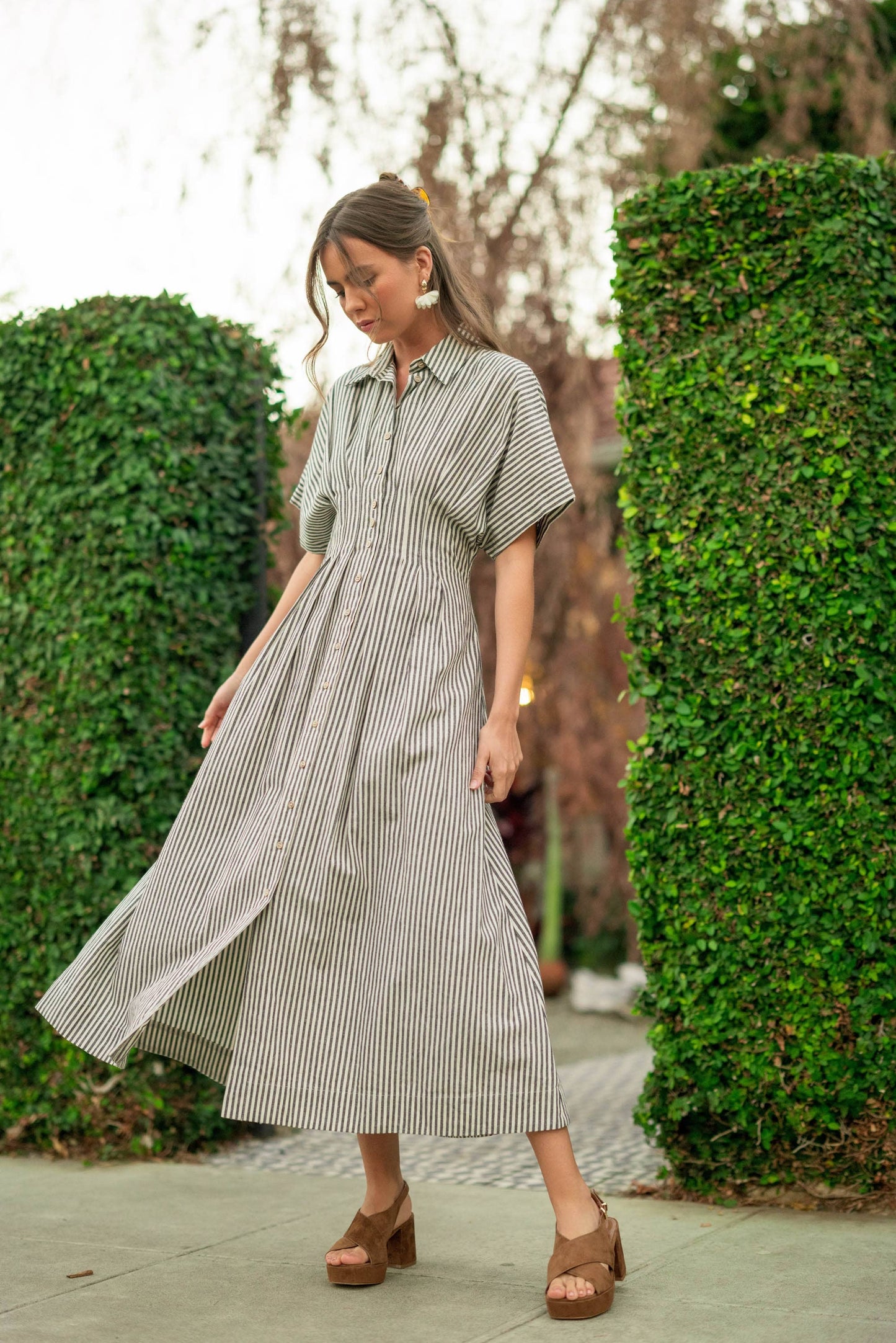 Miou Muse Tan Stripe Button Front Dress w Pleats