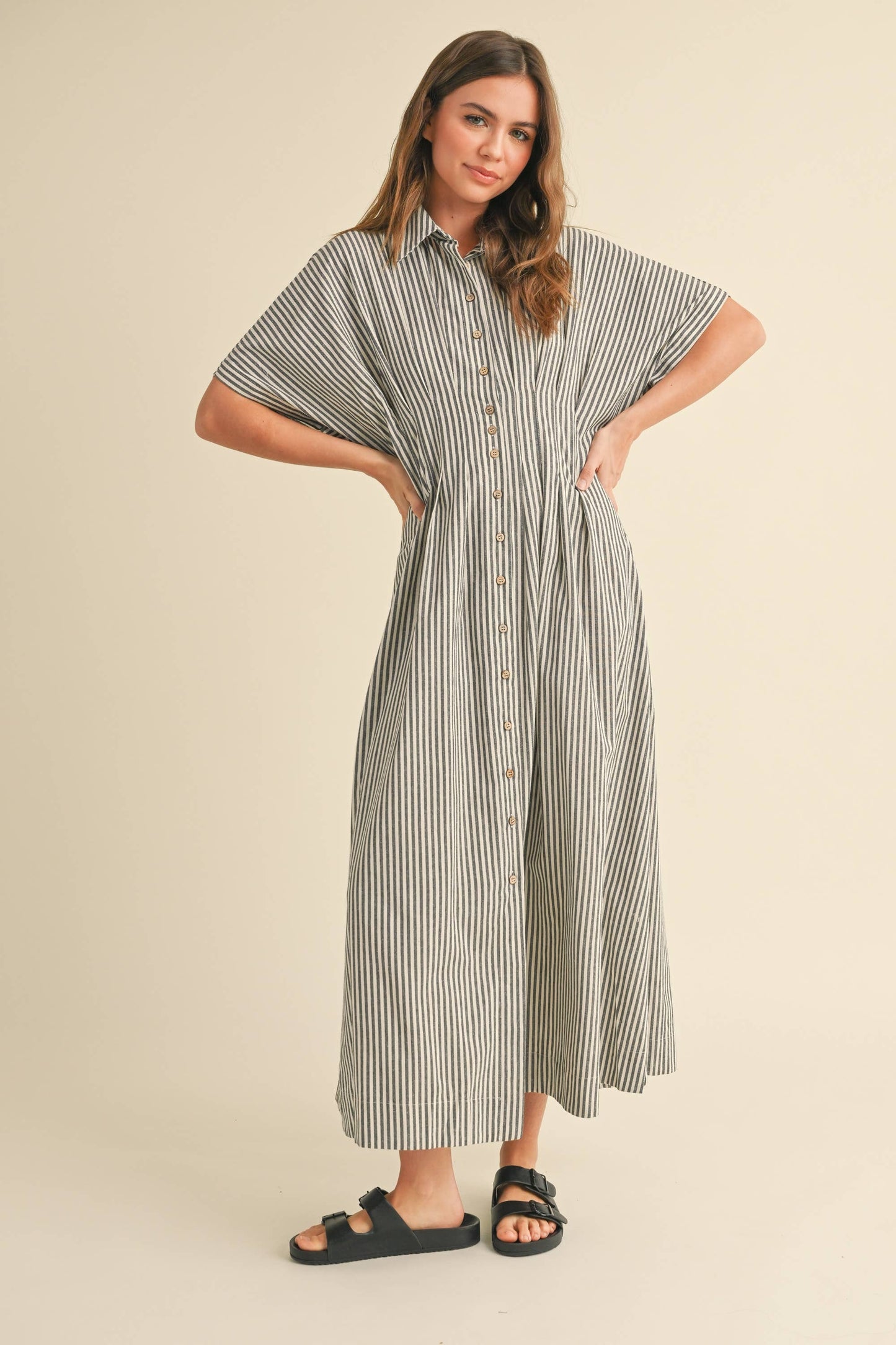 Miou Muse Tan Stripe Button Front Dress w Pleats