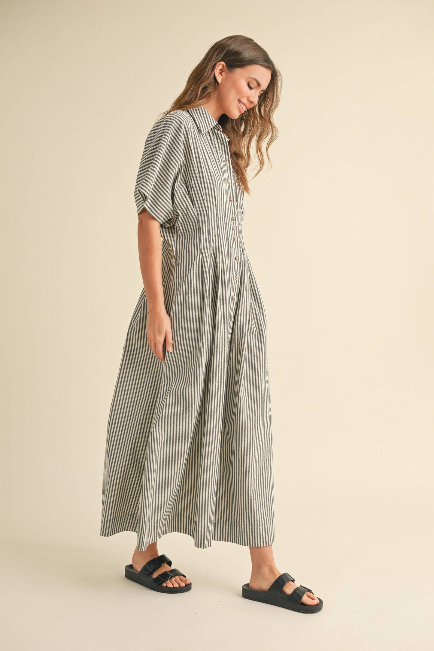 Miou Muse Tan Stripe Button Front Dress w Pleats