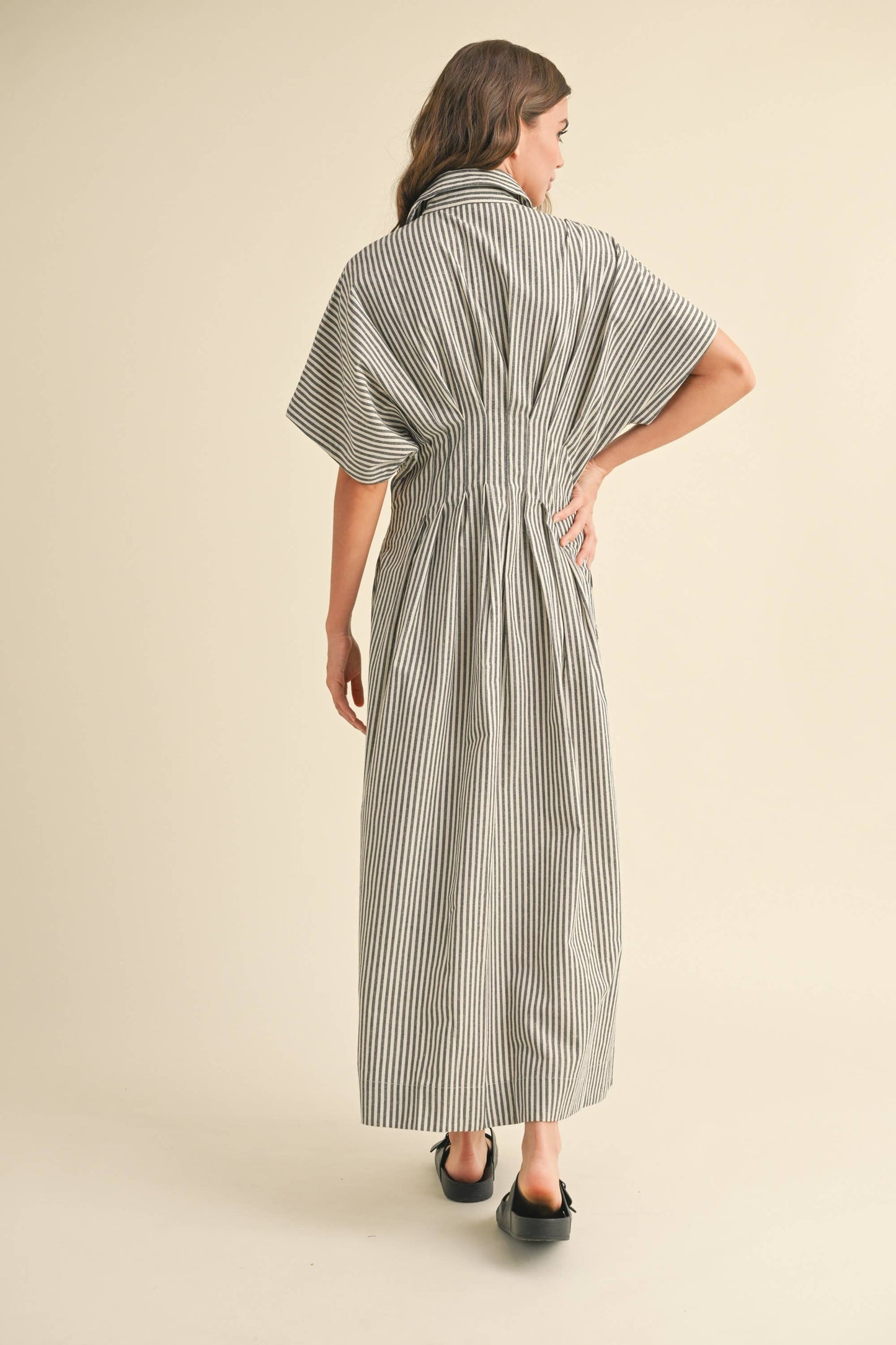 Miou Muse Tan Stripe Button Front Dress w Pleats
