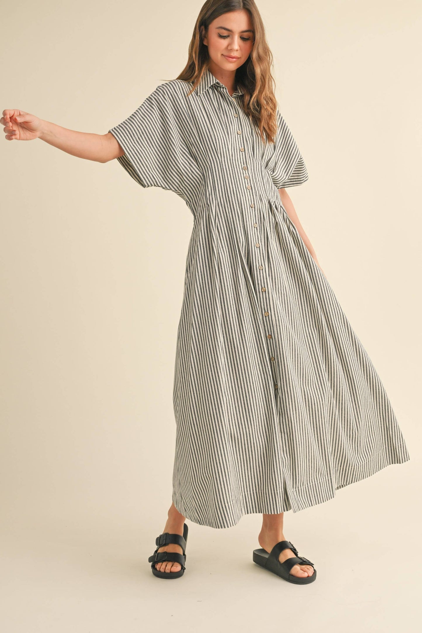 Miou Muse Tan Stripe Button Front Dress w Pleats