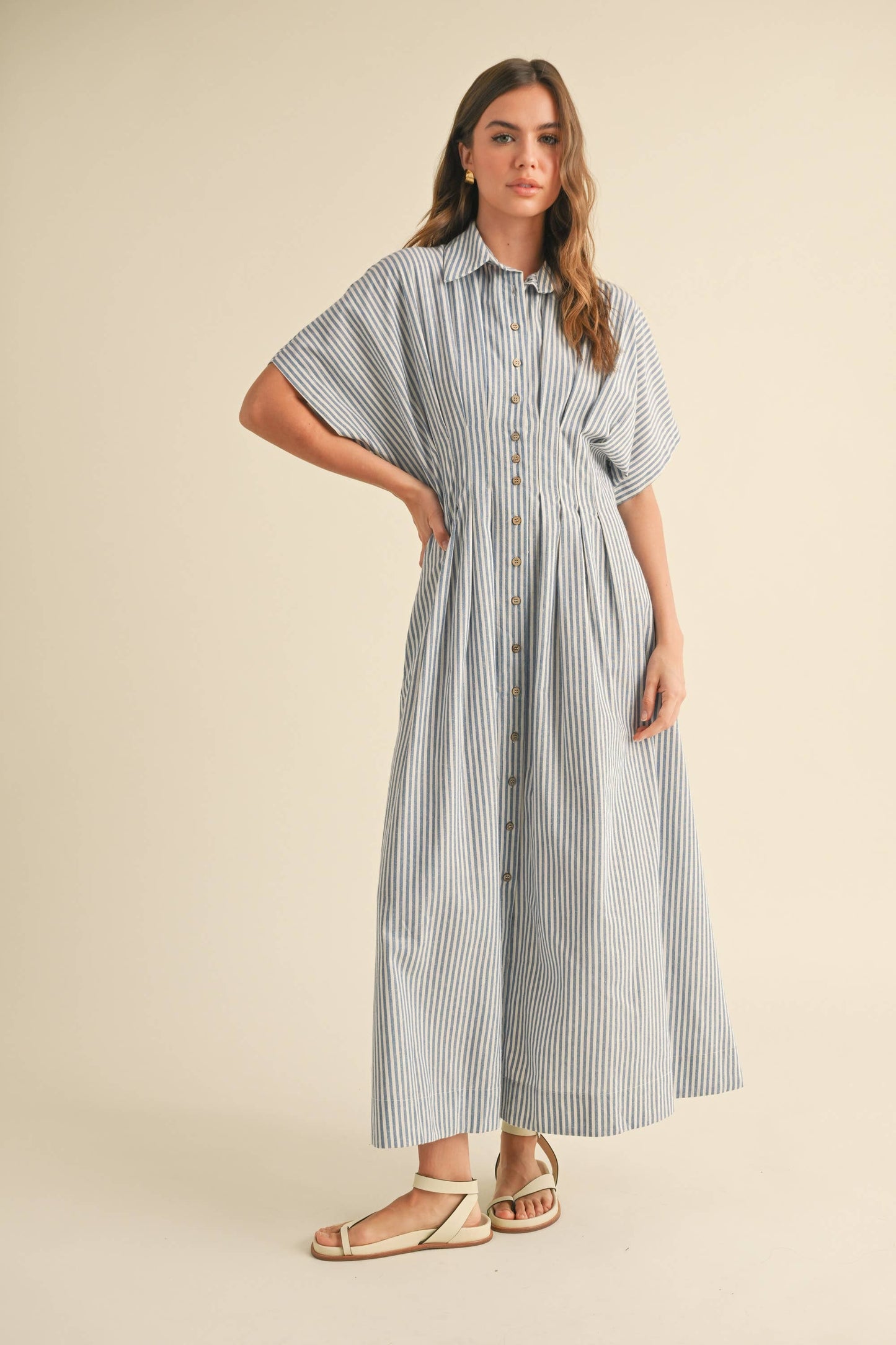 Miou Muse Tan Stripe Button Front Dress w Pleats