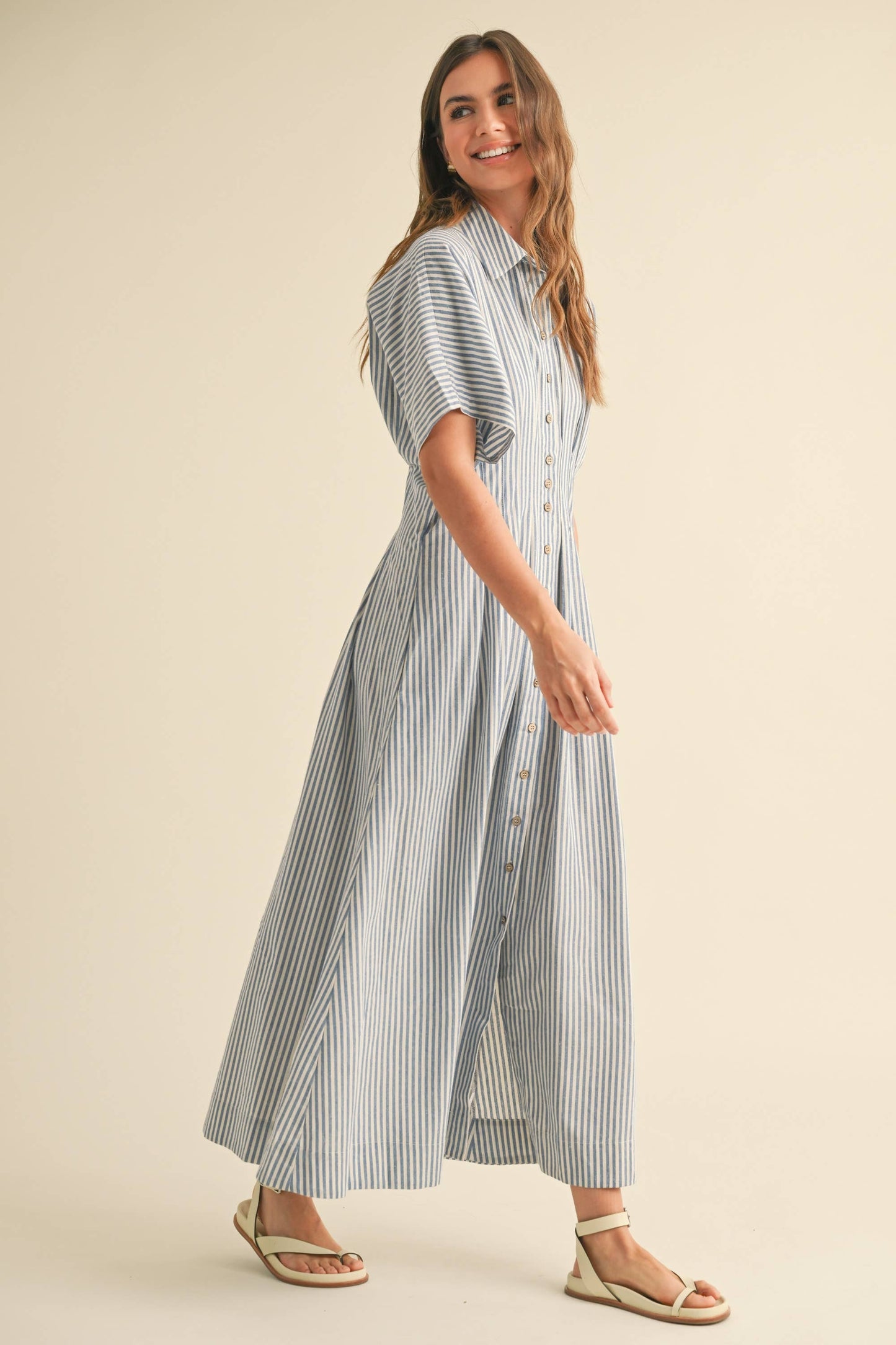 Miou Muse Tan Stripe Button Front Dress w Pleats
