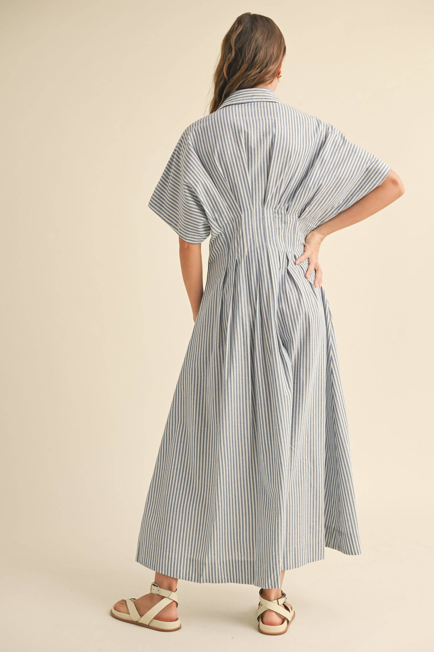 Miou Muse Tan Stripe Button Front Dress w Pleats