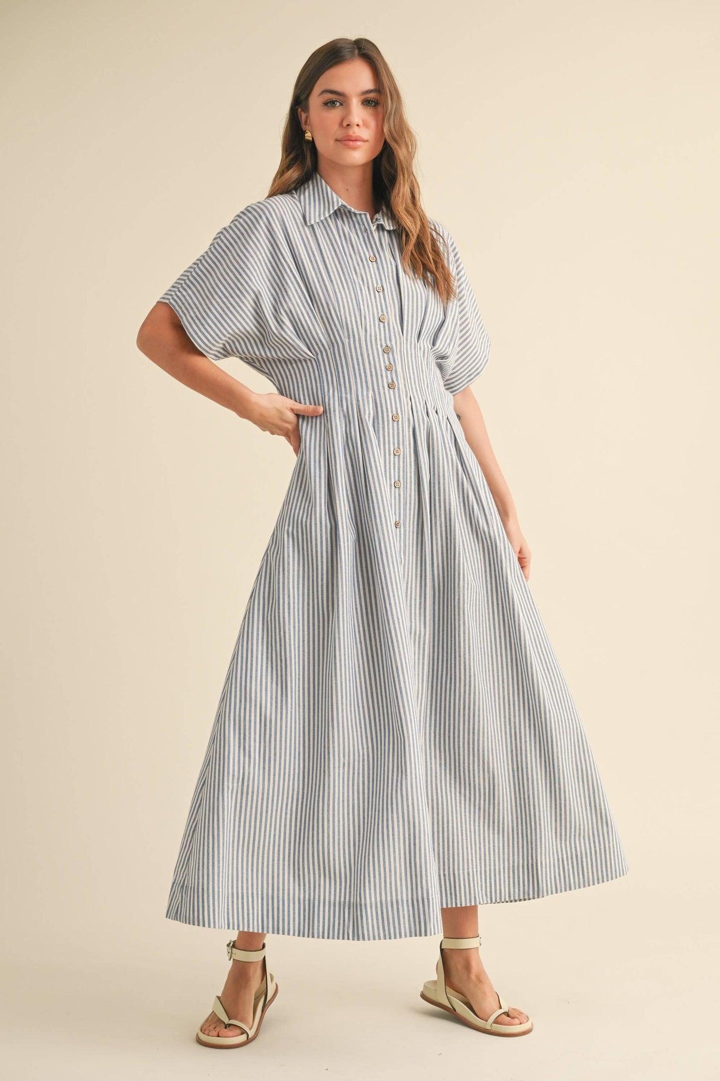 Miou Muse Tan Stripe Button Front Dress w Pleats
