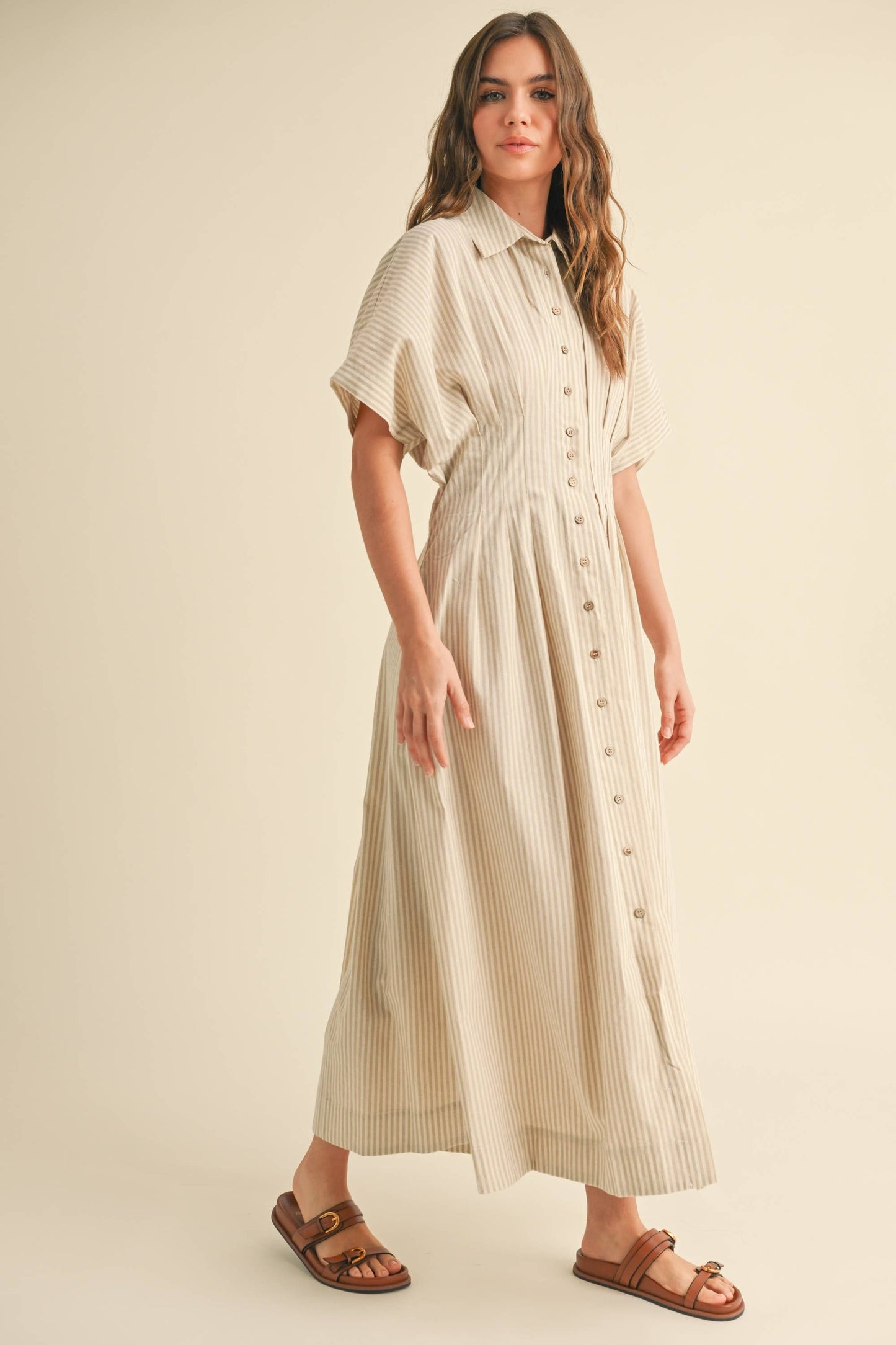 Miou Muse Tan Stripe Button Front Dress w Pleats