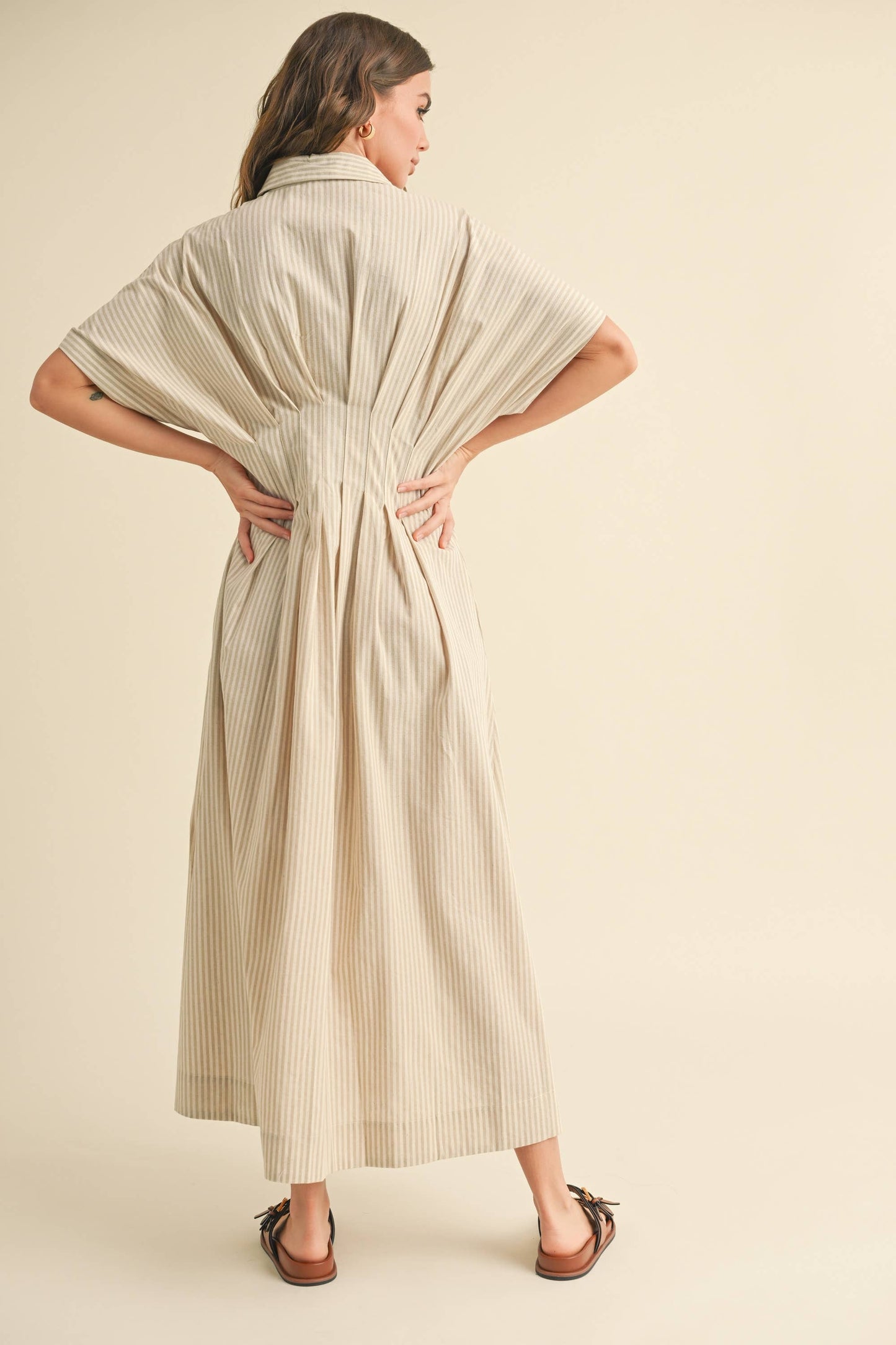 Miou Muse Tan Stripe Button Front Dress w Pleats