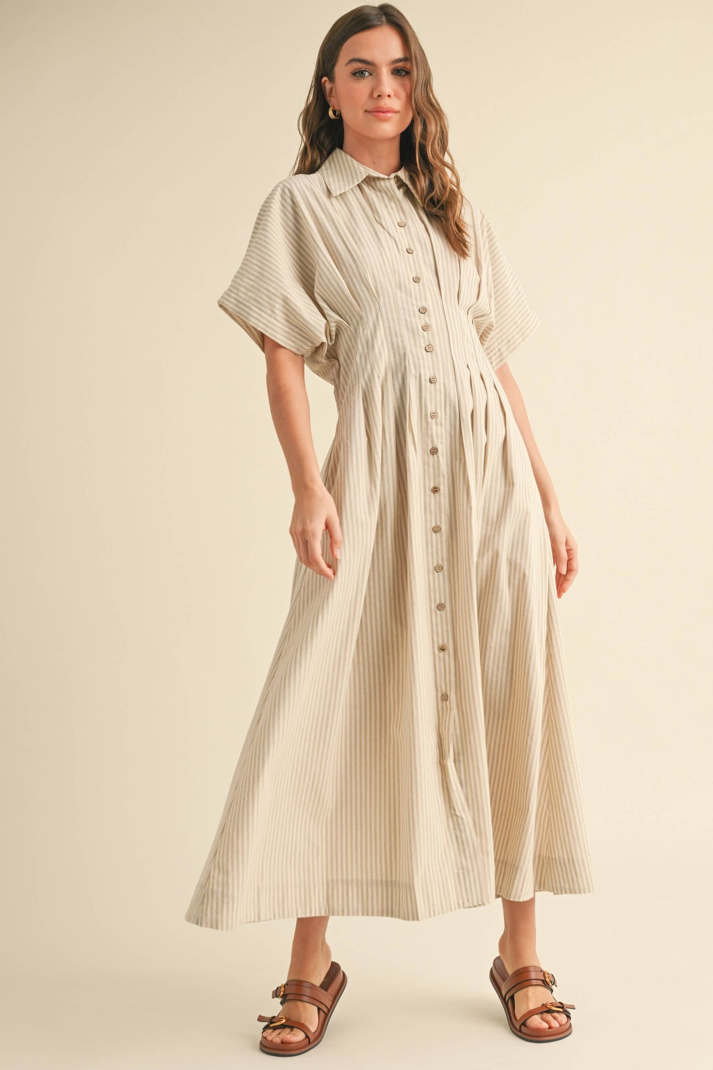Miou Muse Tan Stripe Button Front Dress w Pleats