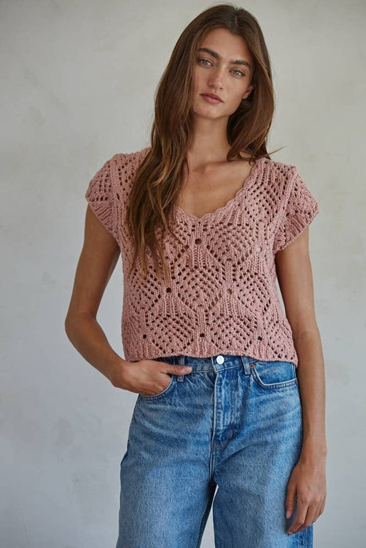 By Tog Mauve Knit Sweater Cotton Crochet V-Neck Cap Sleeve Top