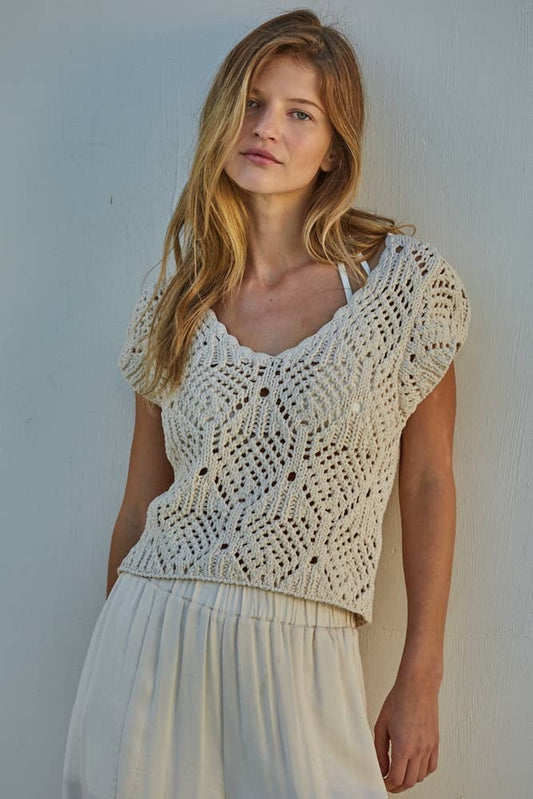 By Tog Cream Knit Cotton Crochet V-Neck Cap Sleeve Sweater