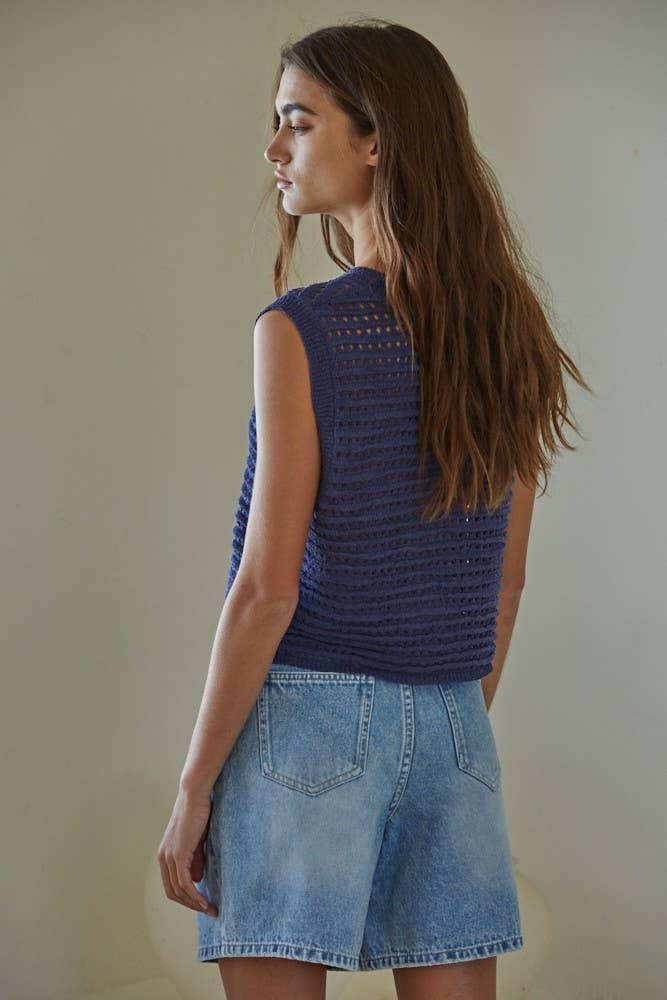 By Tog Navy Blue Open Knit Sweater Crocheted Sleeveless Crop Sweater