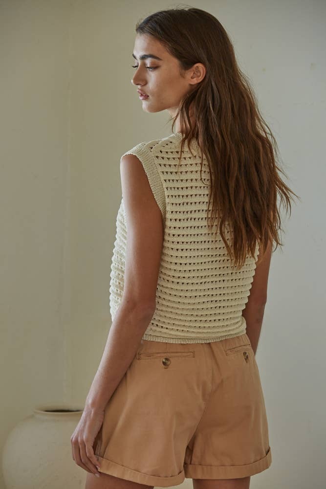 By Tog Navy Blue Open Knit Sweater Crocheted Sleeveless Crop Sweater