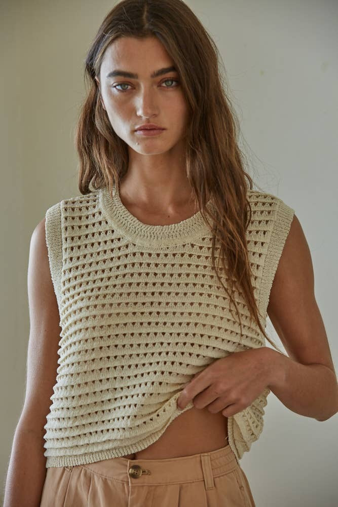 By Tog Navy Blue Open Knit Sweater Crocheted Sleeveless Crop Sweater