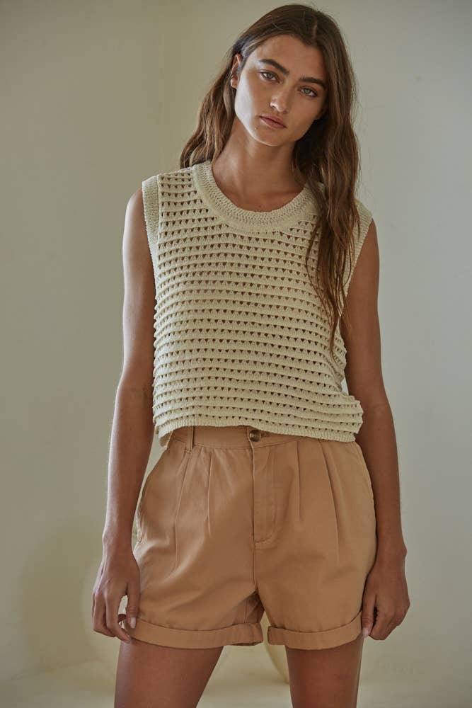 By Tog Beige Open Hole Crochet Sleeveless Crop Sweater