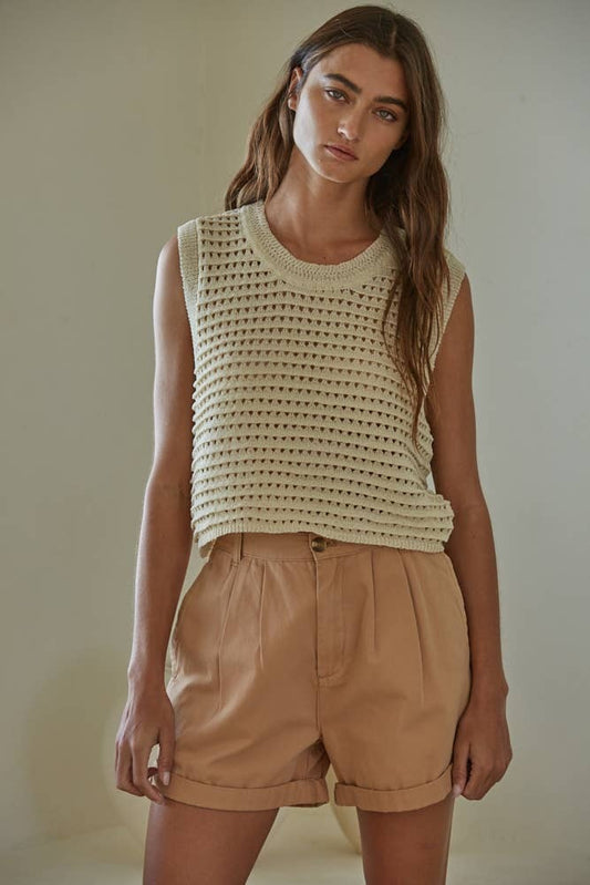 By Tog Beige Open Hole Crochet Sleeveless Crop Sweater